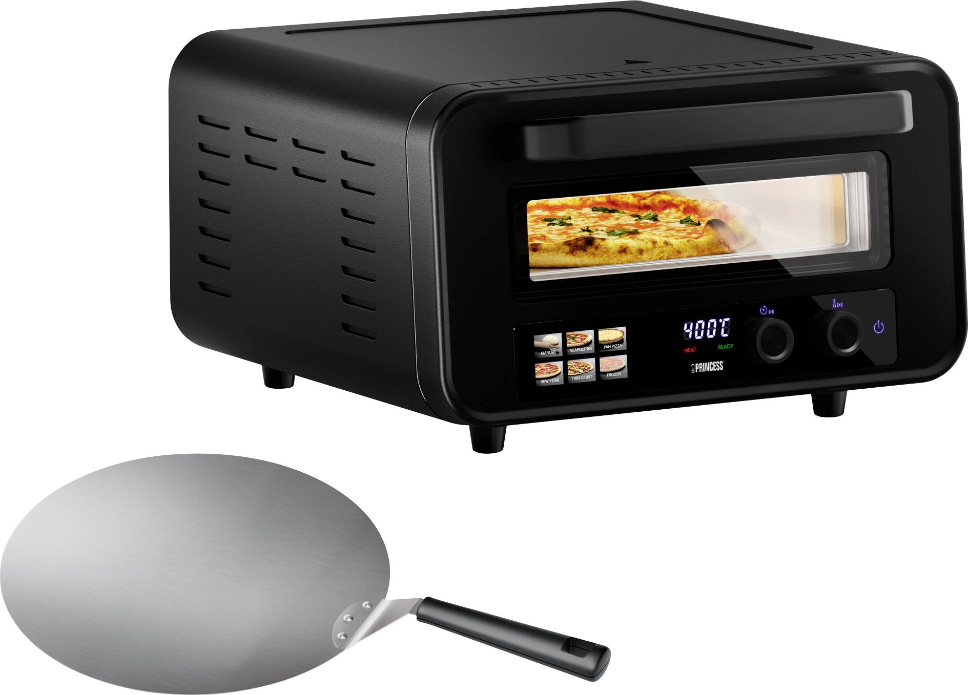 Černá stolní pizzová trouba se skleněnými dvířky ukazuje pizzu pečící se uvnitř. Na digitálním displeji je zobrazeno '400 °F'. Vedle trouby leží kulatá pizza lopata.