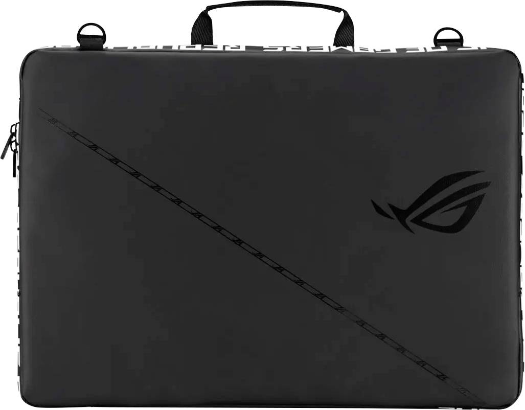 Černá záruční taška s logem Asus ROG vpředu, která má elegantní diagonální designovou linii a rukojeť nahoře pro nošení.