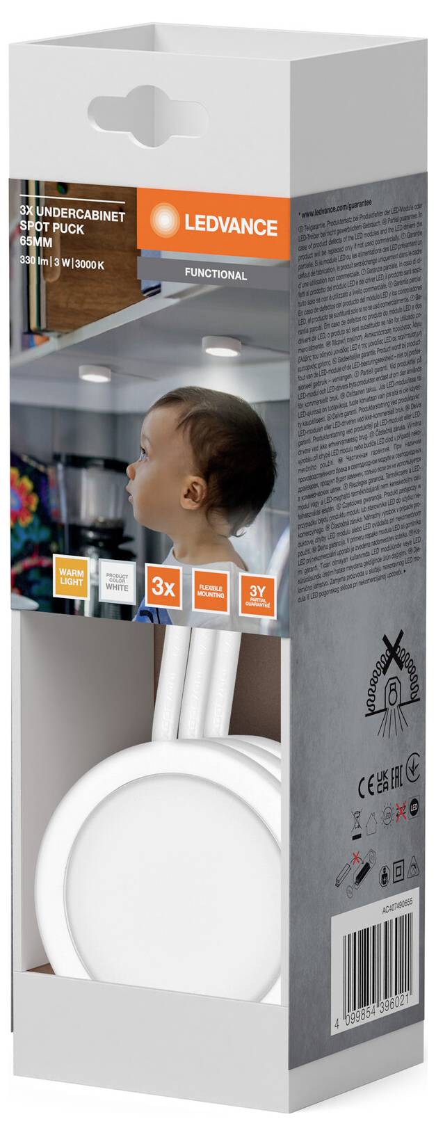 Balíček inteligentního stropního světla LEDVANCE Smart+ s měkkým světlem, s fotografií produktu a ikonami funkcí na krabici.
