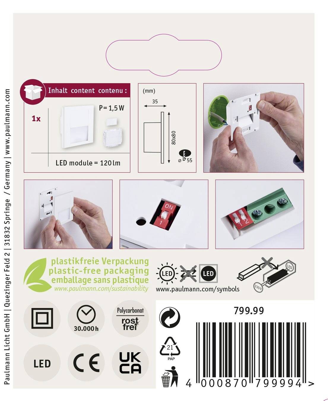 Paulmann 79999 Tsaro eckig 80x36mm Nástěnné vestavné svítidlo, LED, 1 W, bílá (matná)-9