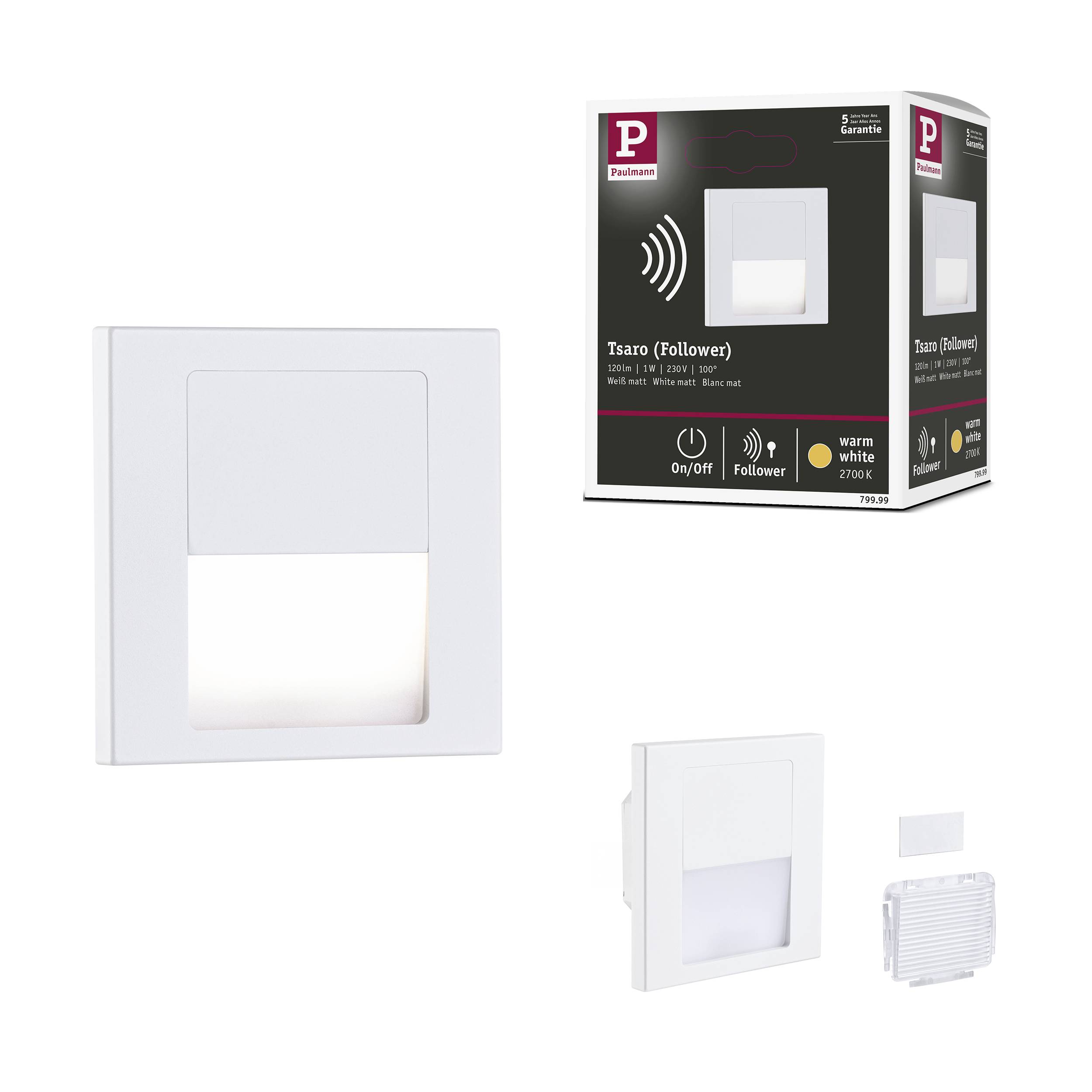 Paulmann 79999 Tsaro eckig 80x36mm Nástěnné vestavné svítidlo, LED, 1 W, bílá (matná)-10