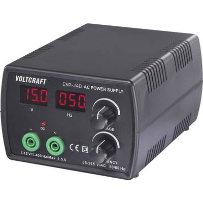 "VOLTCARFT CSP-240 AC Zdroj střídavého proudu" s indikací napětí (15,0 V) a frekvence (050 Hz) s ovládacími tlačítky a konektory.