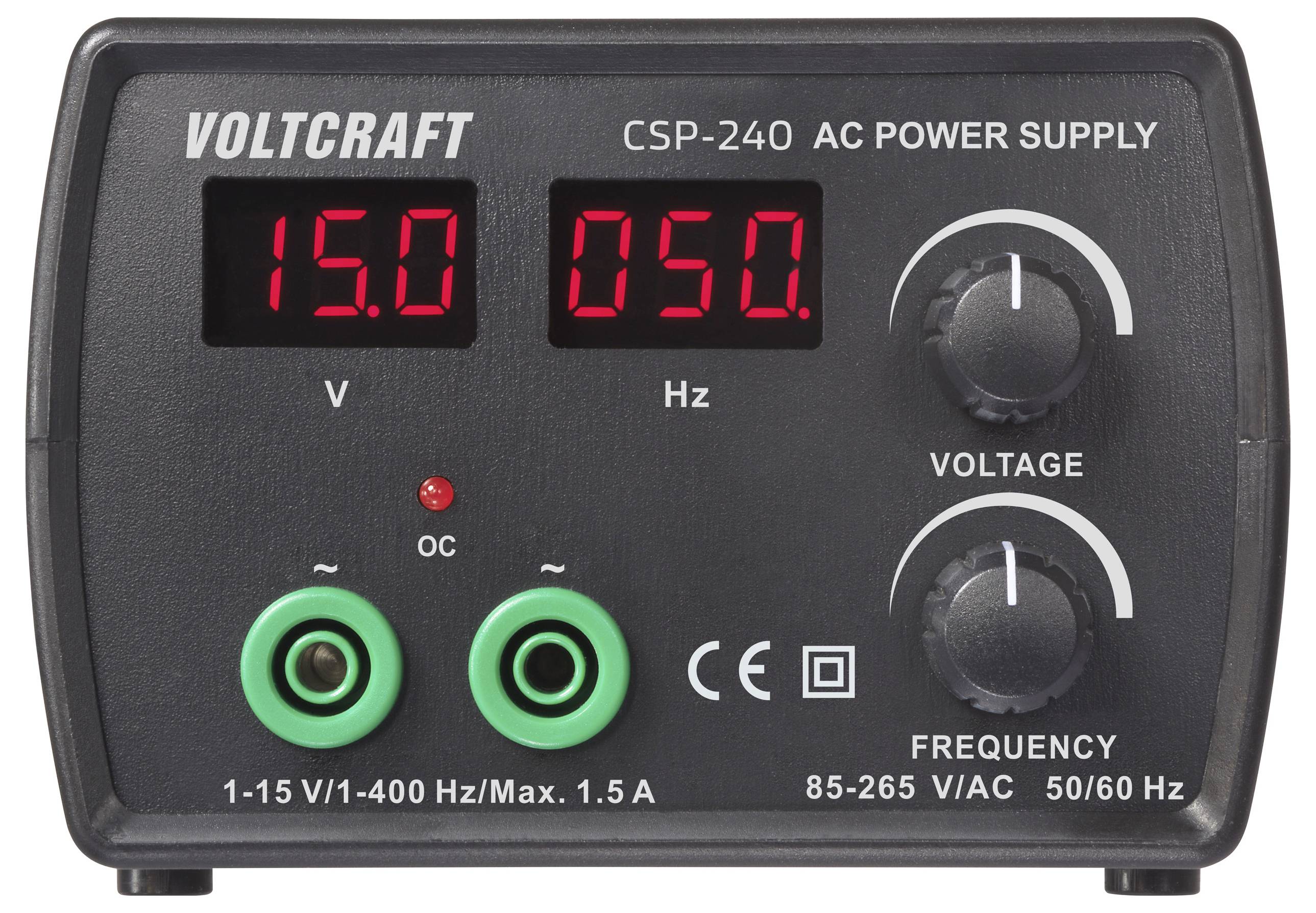 Přední panel zdroje elektřiny zobrazující "15,0 V" a "050 Hz", s knoflíky pro nastavení napětí a frekvence, označený "VOLTCRAFT CSP-240".