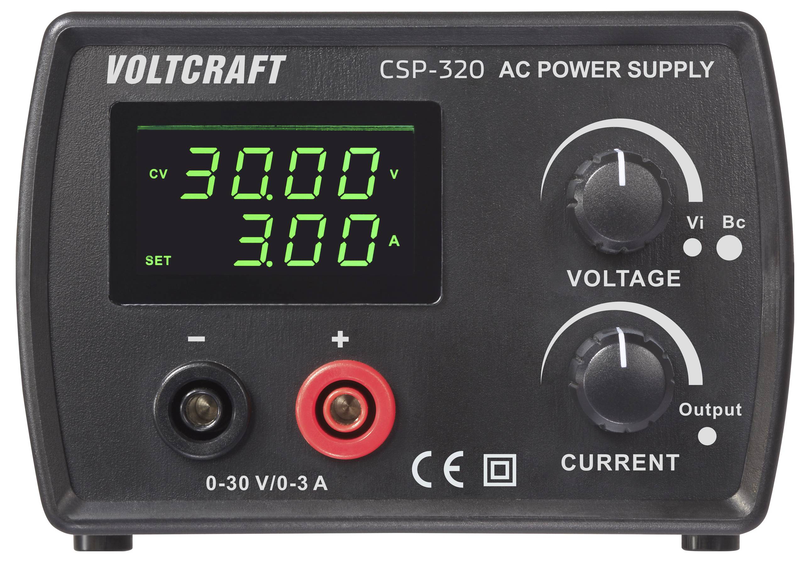 „Voltcraft CSP-320 AC měnič" zobrazující „30,00V" a „3,00A", s potenciometry napětí a proudu, viditelný štítek certifikace CE.