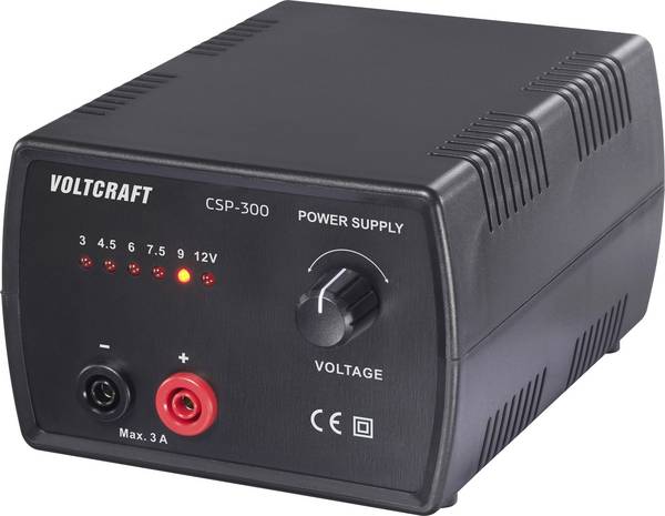 <br>  VOLTCRAFT<br>  CSP-300<br>  laboratorní zdroj s nastavitelným napětím stejnosměrné napětí 3 V, 4.5 V, 6 V, 7.5 V, 9 V, 12 V;3 A (max.);36 W napájení ze sítě nebo akumulátoru Počet výstupů 1 x