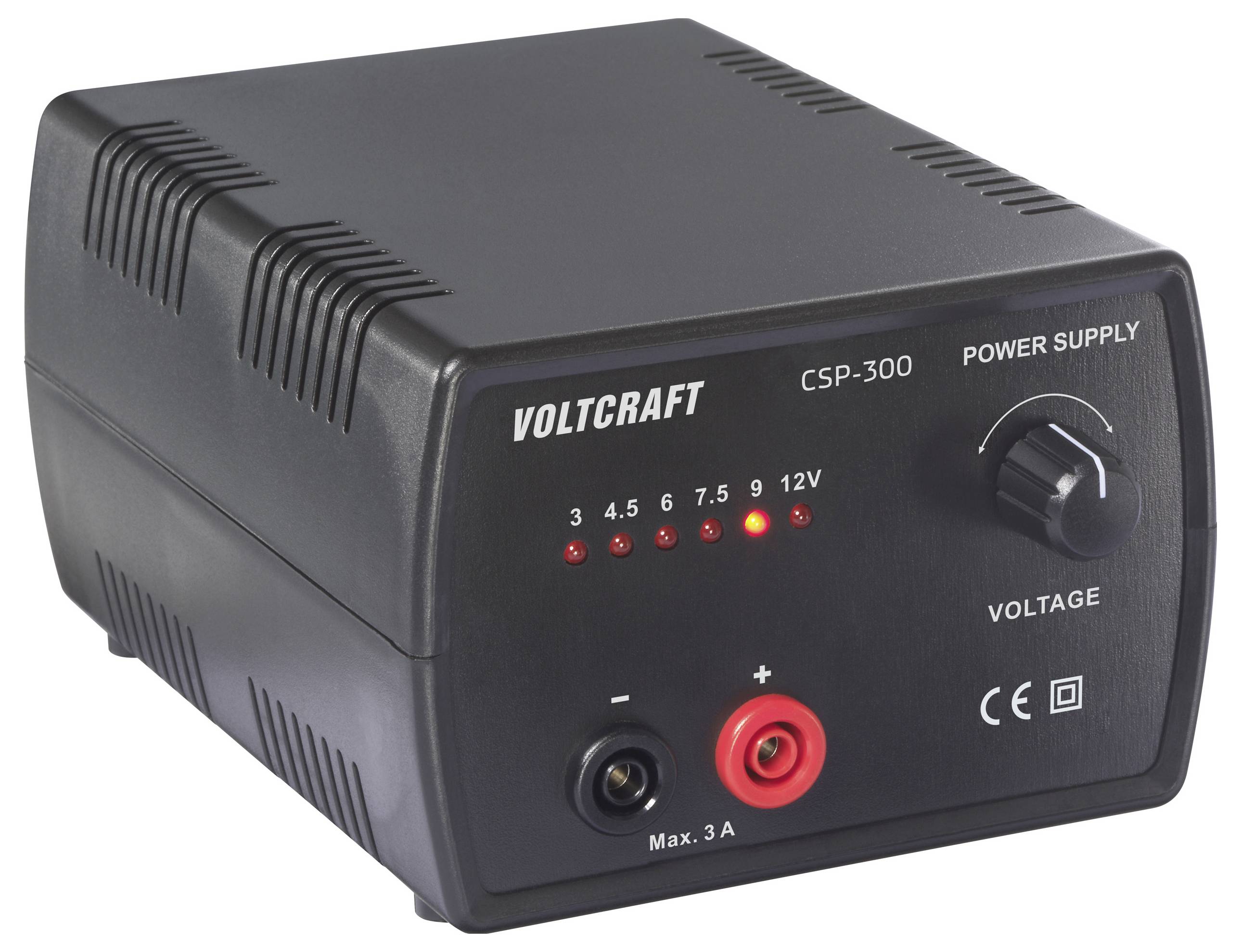 Černý zdroj napětí Voltcraft CSP-300 s otočným přepínačem napětí, LED indikátory pro různé úrovně napětí a maximálním výstupem 3A.