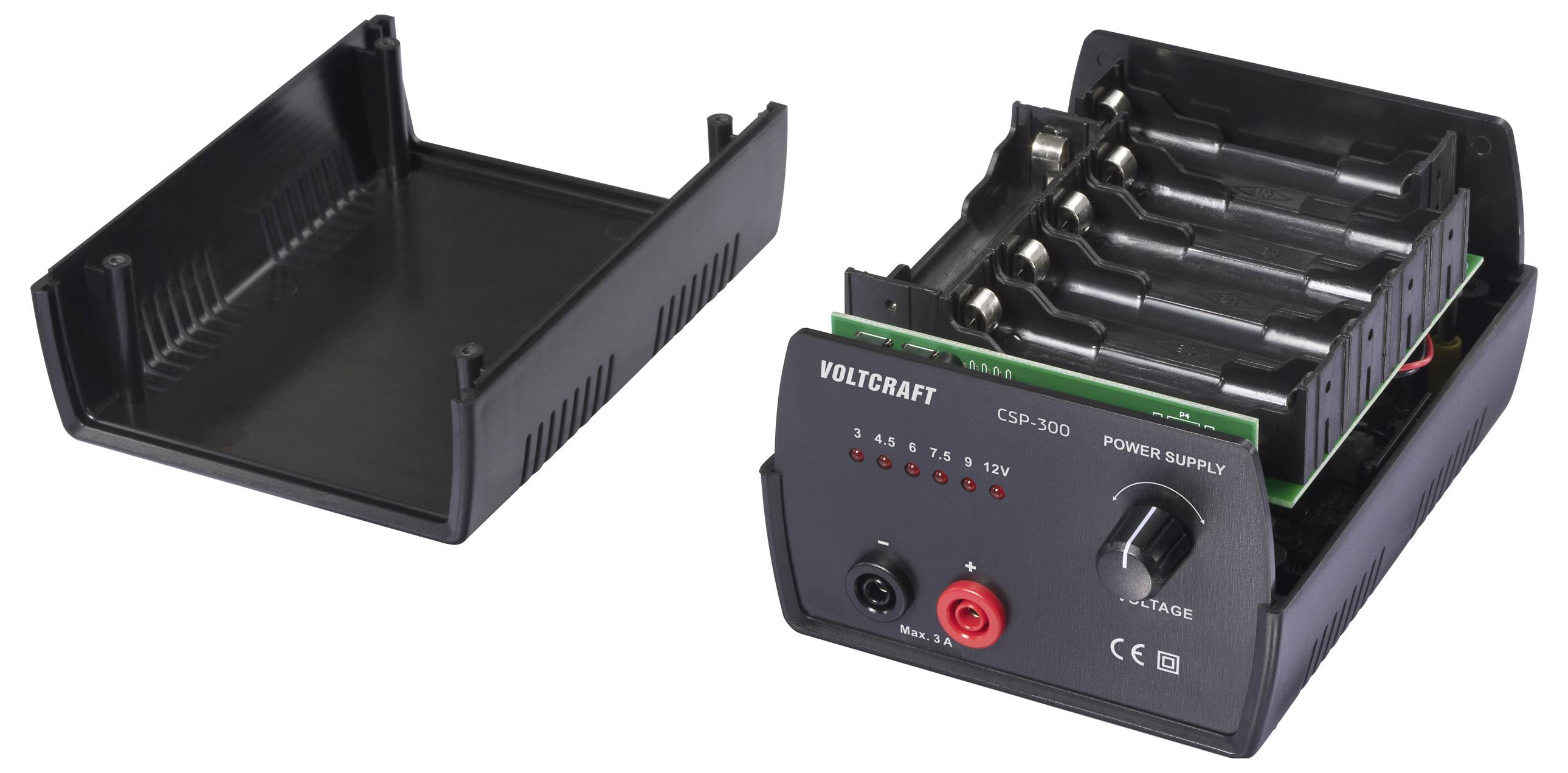 'VOLTCRAFT CSR-3000 Zdroj napětí', obsahující více bateriových přihrádek a ovládací knoflík pro nastavení napětí, s odstraněným krytem.