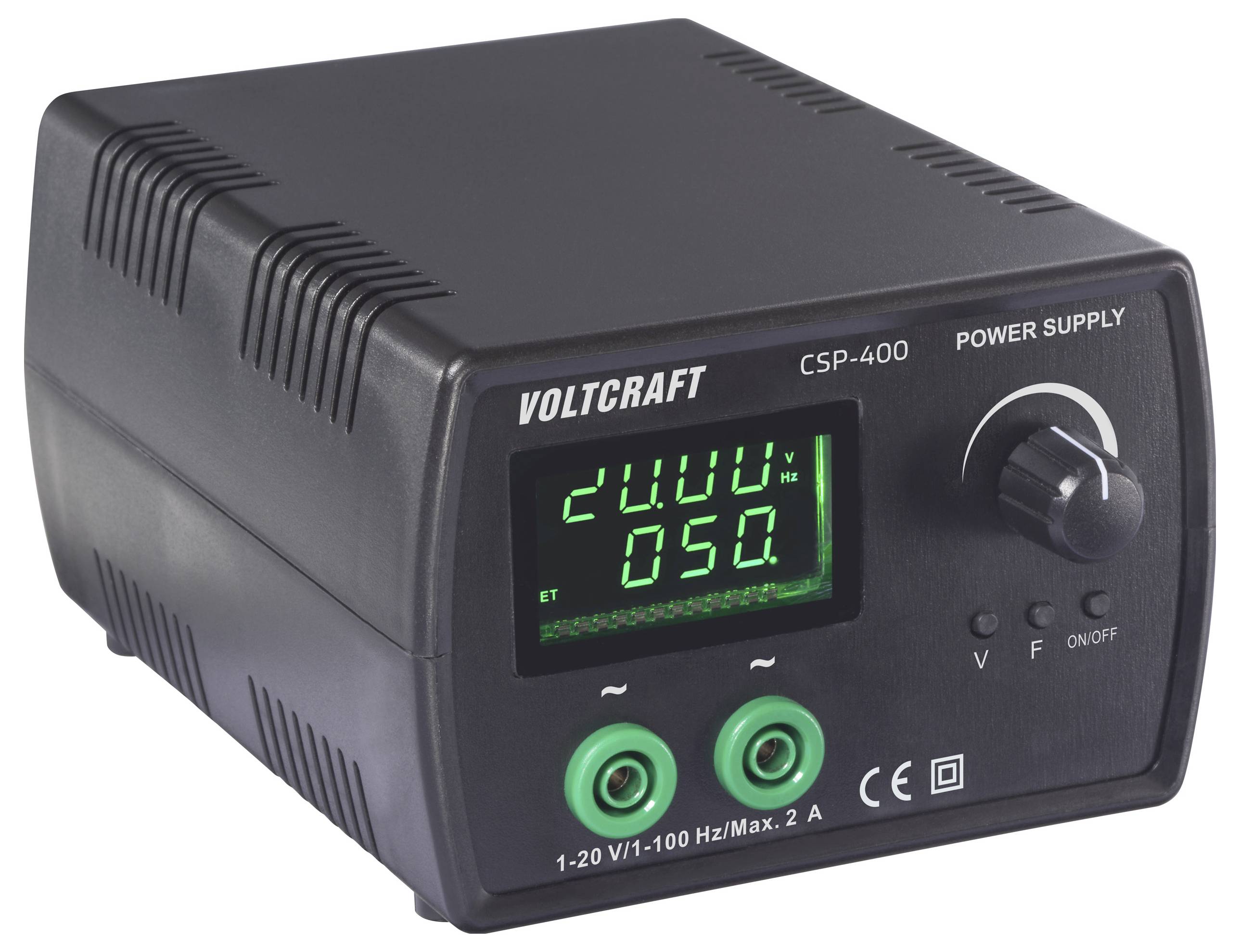 Zdroj napájení 'Voltcraft CSP-400' s digitálním displejem zobrazujícím '12.00V' a '050A'. K dispozici je ovládací knoflík a zelené konektory.