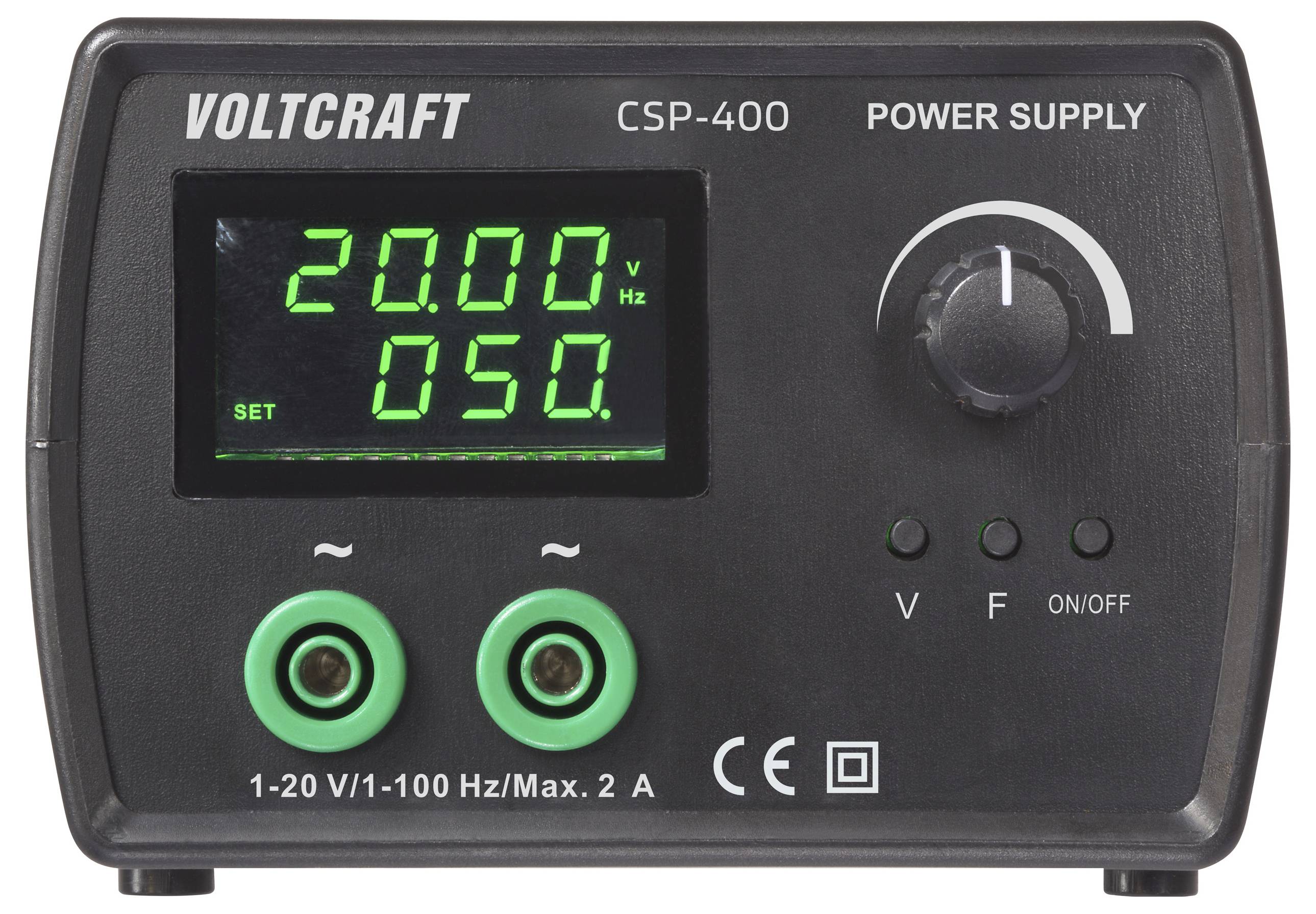 Digitální jednotka napájecího zdroje zobrazující nastavení „20,00 Hz" a „050". Ovládací prvky zahrnují otočný knoflík a tlačítka pro napájení, napětí (V) a frekvenci (F).