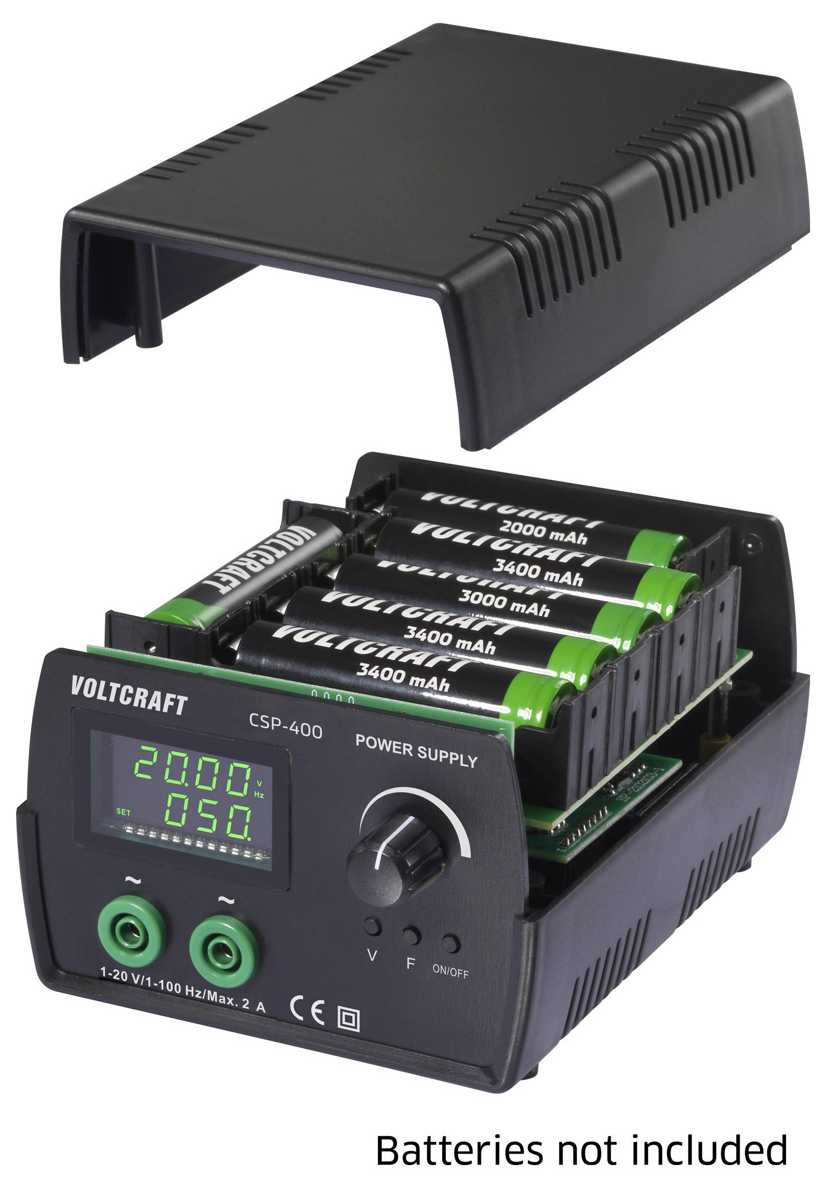 'Voltcraft CSP-400 Zdroj napájení' s digitálním displejem zobrazujícím '20.00' a '0.50'. Drží čtyři baterie 'Voltcraft 3400 mAh'. Kryt odstraněn.