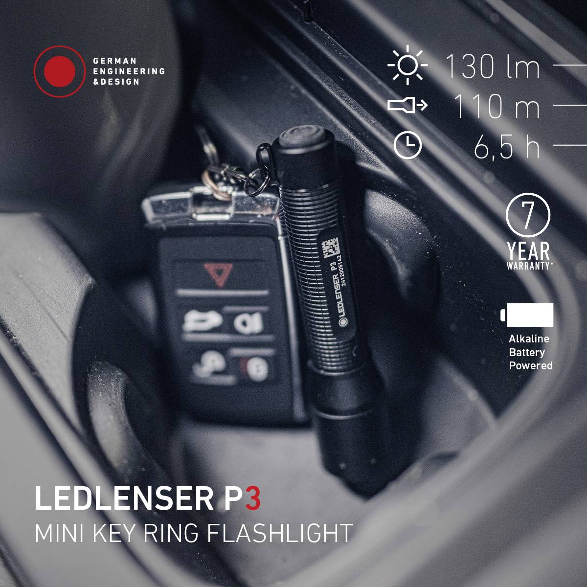 'Kapesní svítilna a klíče od auta. LEDLenser P3, 130 lumenů, dosah 110 m, výdrž 6,5 h. 7 let záruky, napájená baterií.'