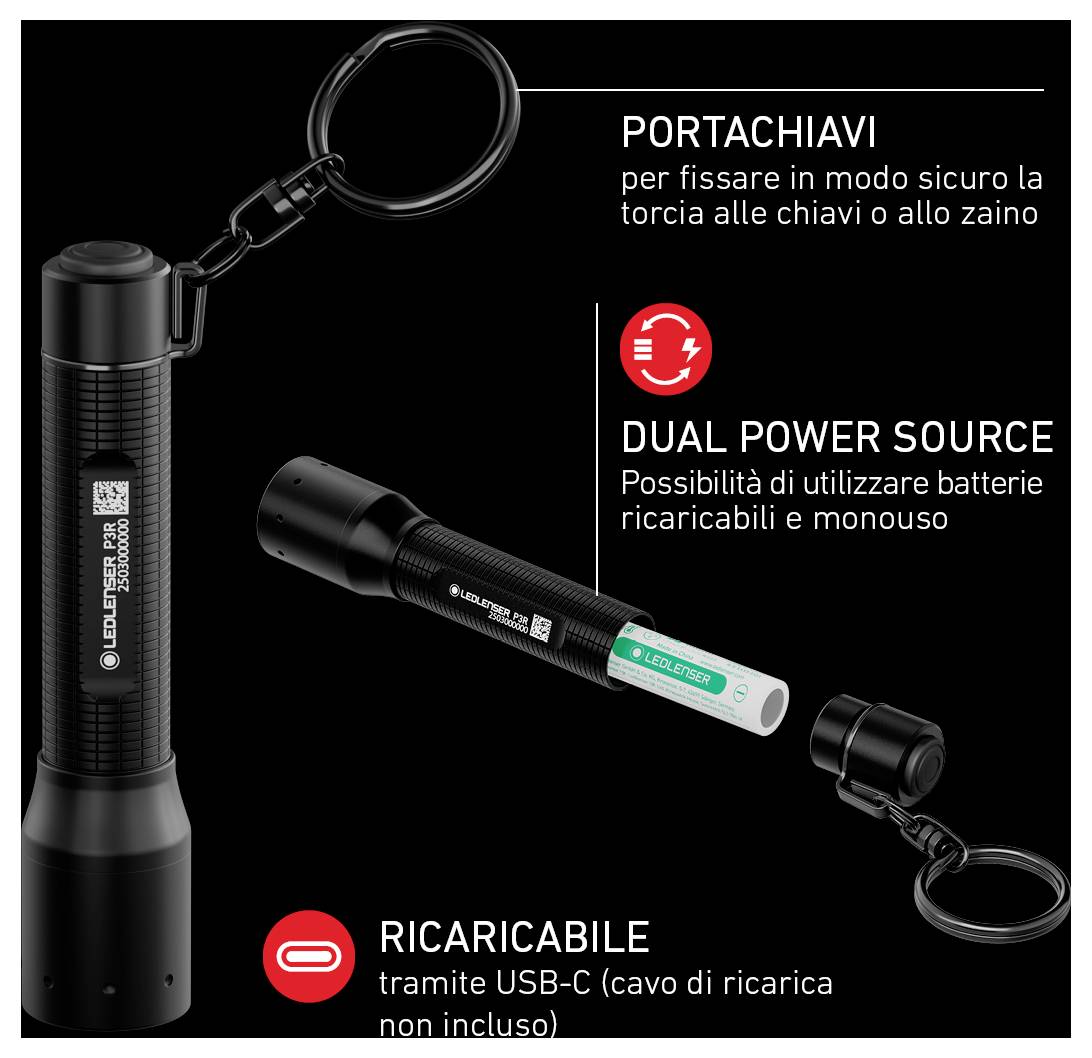 Přívěsek na klíče nebo batoh. Dvojitý zdroj napájení, kompatibilní s dobíjecími nebo jednorázovými bateriemi. Dobíjení přes USB-C (kabel není součástí balení).