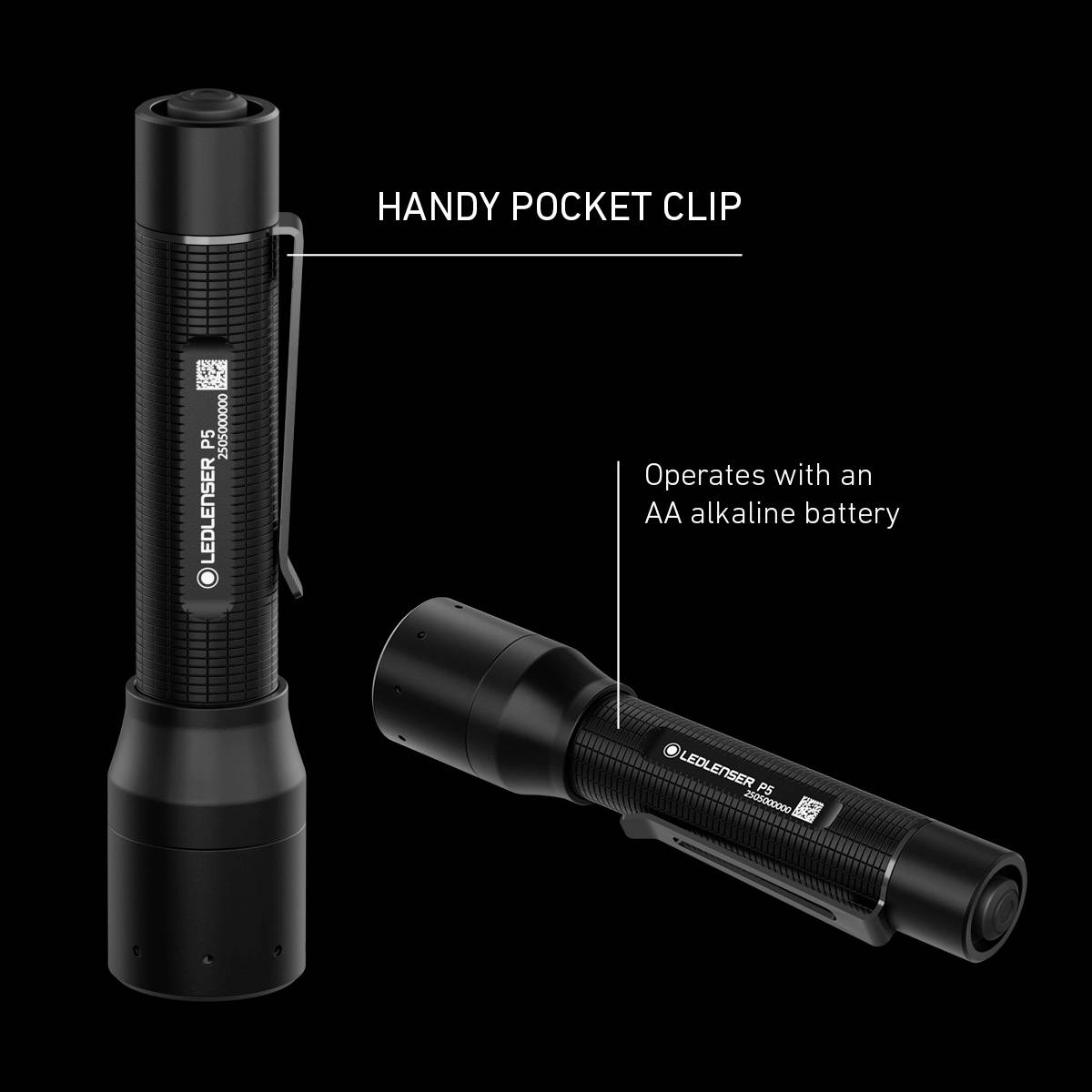 Dva kapesní světlomety s nápisem 'Ledlenser 5'; jeden stojí vzpřímeně s praktickou sponou, druhý leží na boku. Provoz na baterii AA.