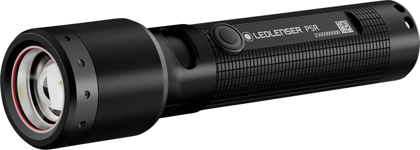 Černá LED svítilna s nápisem 'LEDLENSER P5R' na boku, s texturovaným úchopem a velkým čočkovým objektem vpředu.