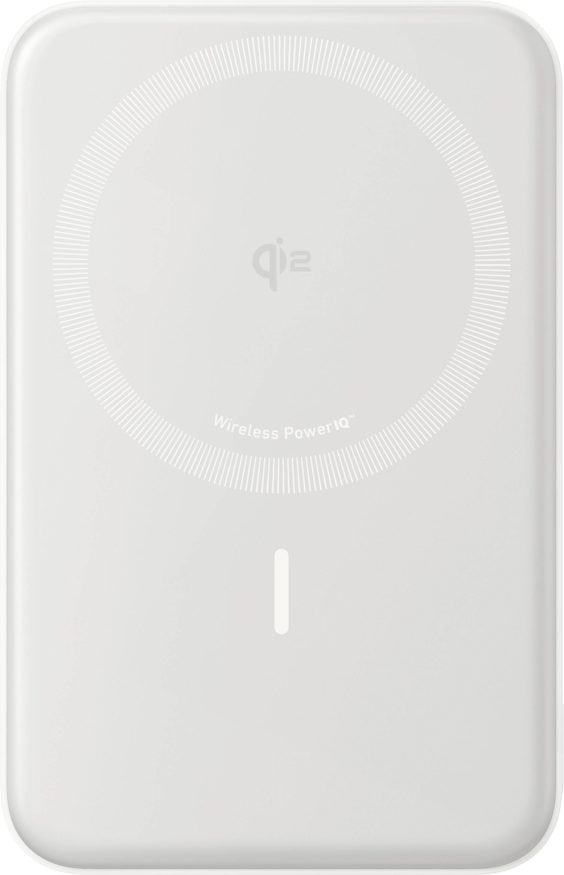 Bílá bezdrátová nabíjecí podložka s logem 'Qi2' a textem 'Wireless PowerIQ', s kruhovým designem vyznačujícím oblast nabíjení.