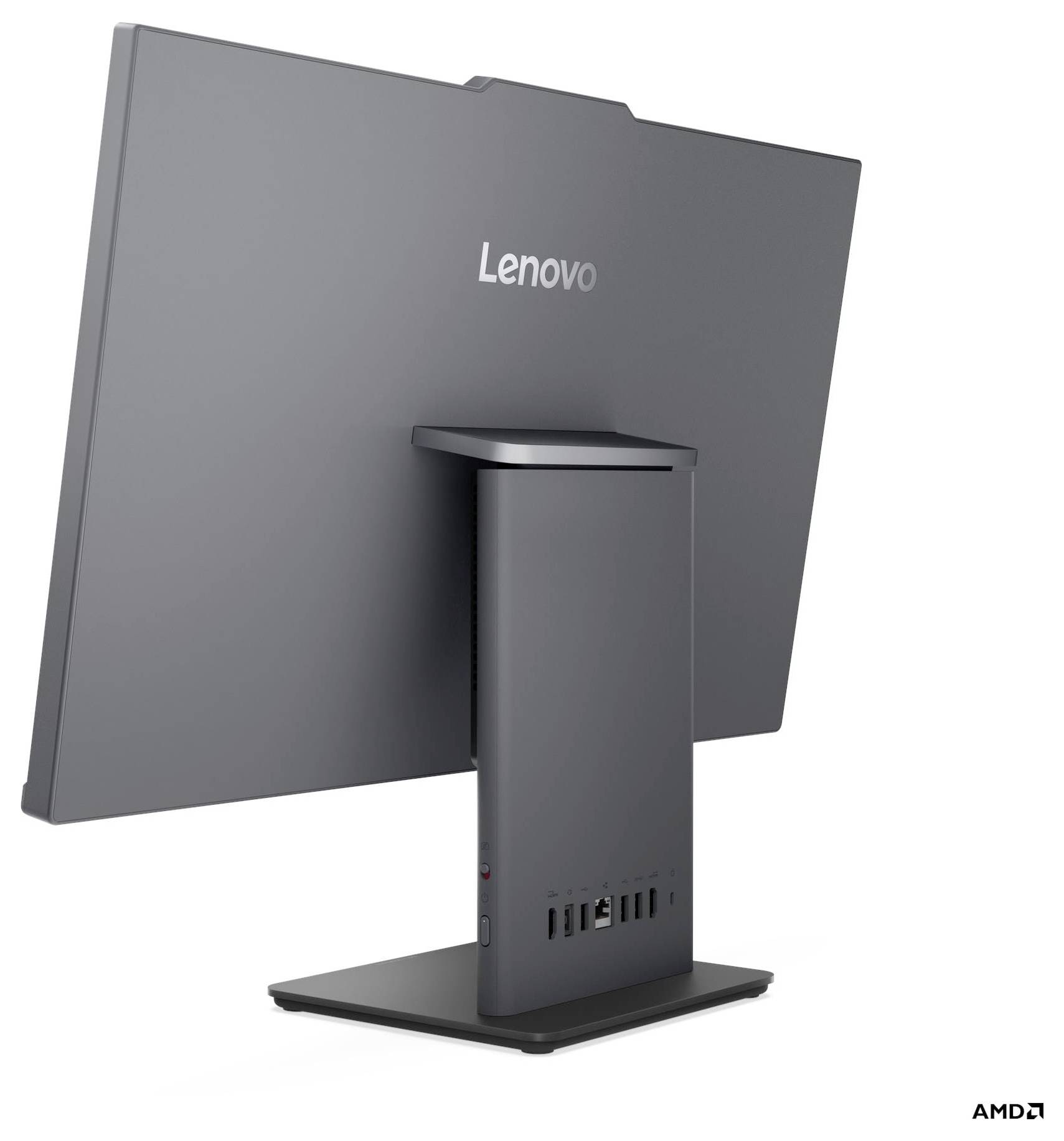 Monitor počítače značky Lenovo pohledem zezadu, ukazující elegantní design a několik portů na základně, včetně USB připojení.