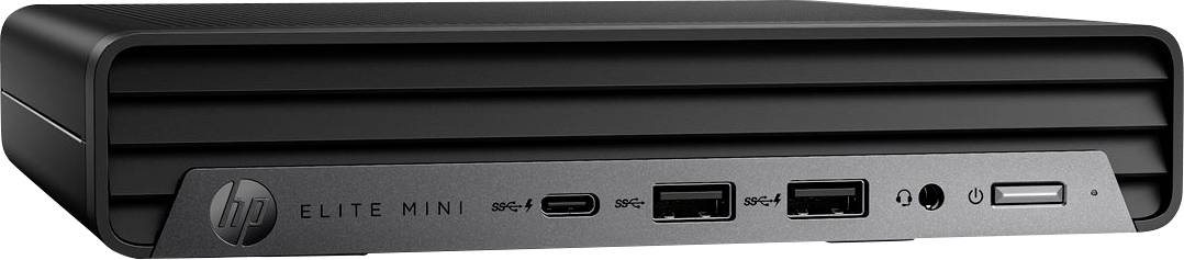 Kompaktní černý stolní počítač HP Elite Mini s prezentací předních portů včetně USB a sluchátkových jacků.
