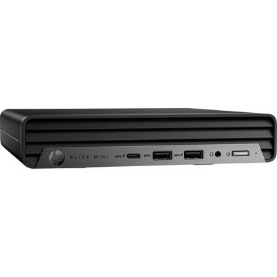 Kompaktní černý stolní počítač HP Elite Mini s prezentací předních portů včetně USB a sluchátkových jacků.