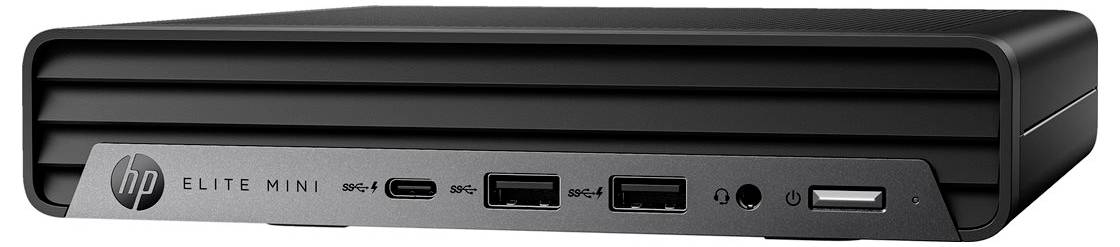 Kompaktní černý stolní počítač HP Elite Mini s několika předními porty včetně USB-C, USB-A a audio připojení.