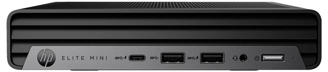 Kompaktní stolní počítač HP Elite Mini s několika čelními porty, včetně USB-C, USB-A a audio jacku.