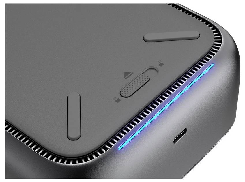 Detailní pohled na elegantní elektronické zařízení s modrou LED diodou a portem USB-C, který ukazuje moderní design a technologii.