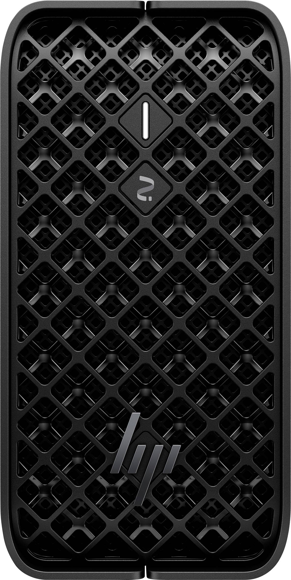 Černý stolní počítač HP s předním panelem ve tvaru diamantového vzoru, který má na krytu umístěn vypínač a logo.