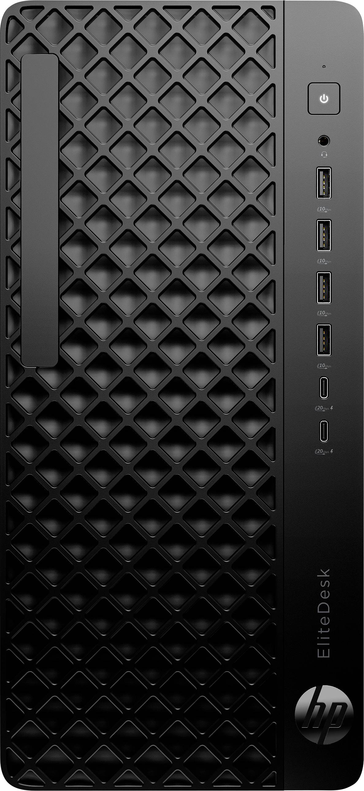 Černá počítačová skříň HP EliteDesk s texturovaným předním panelem a několika USB porty.