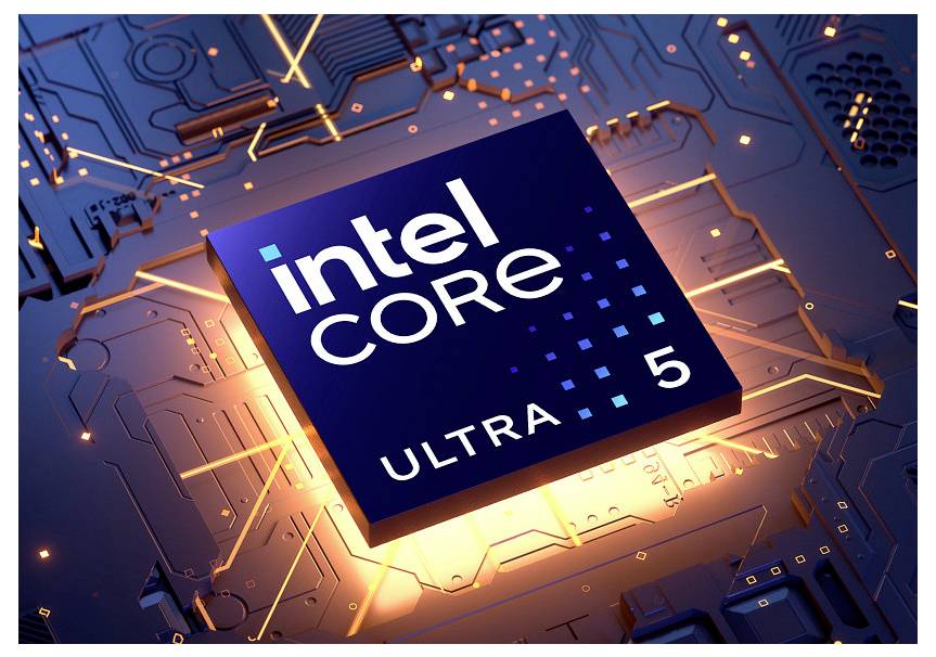 Čip 'Intel Core Ultra 5' zvýrazněný na detailním, osvětleném pozadí základní desky, který naznačuje pokročilou technologii.