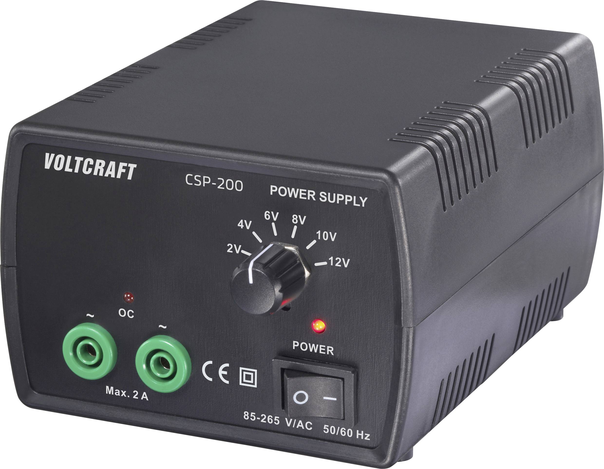 Černý zdroj napájení Voltcraft CSP-200 s nastavitelným otočným regulátorem napětí, dvěma zelenými výstupními svorkami a označenými ovládacími prvky na čelním panelu.
