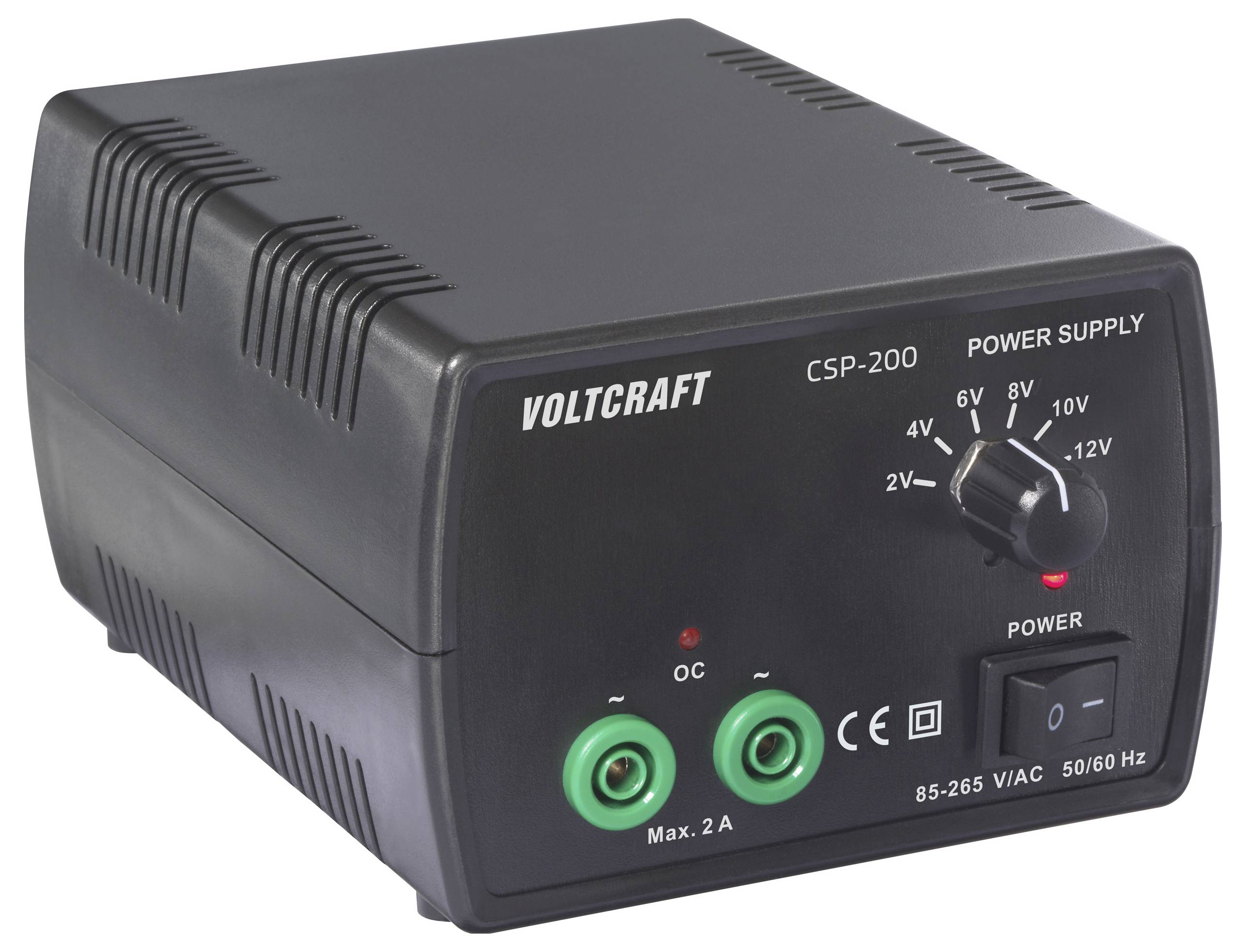 Nastavitelný zdroj napětí 'VOLTCRAFT CSP-200' s otočným přepínačem v rozmezí 2V až 12V, osazený dvěma výstupními svorkami s proudem 2A.