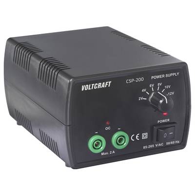 Nastavitelný zdroj napětí 'VOLTCRAFT CSP-200' s otočným přepínačem v rozmezí 2V až 12V, osazený dvěma výstupními svorkami s proudem 2A.