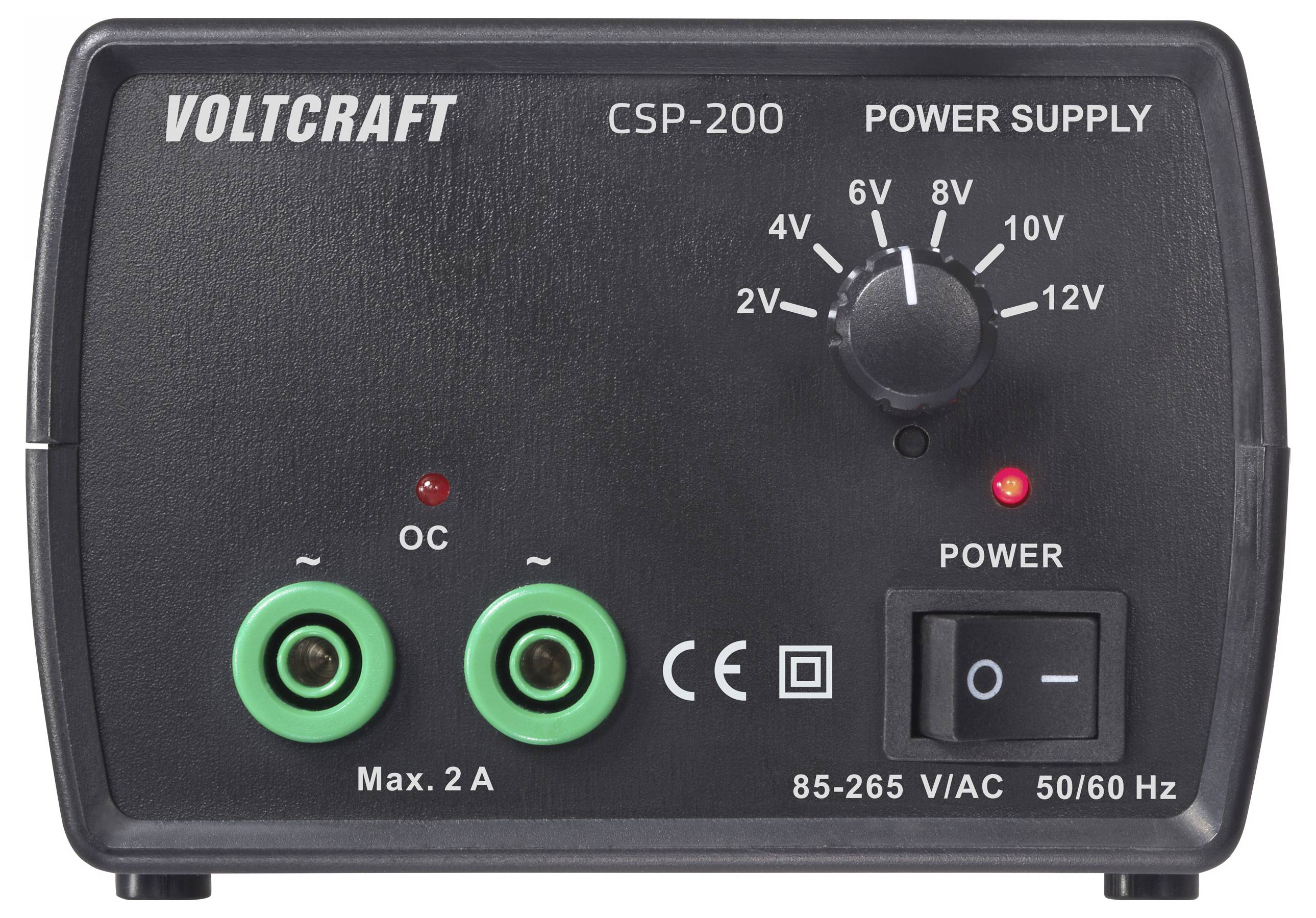 Voltcraft CSP-200 Zdroj napájení s nastavitelným otočným regulátorem napětí (2V-12V), dvěma výstupními konektory, spínačem napájení a LED indikátory.