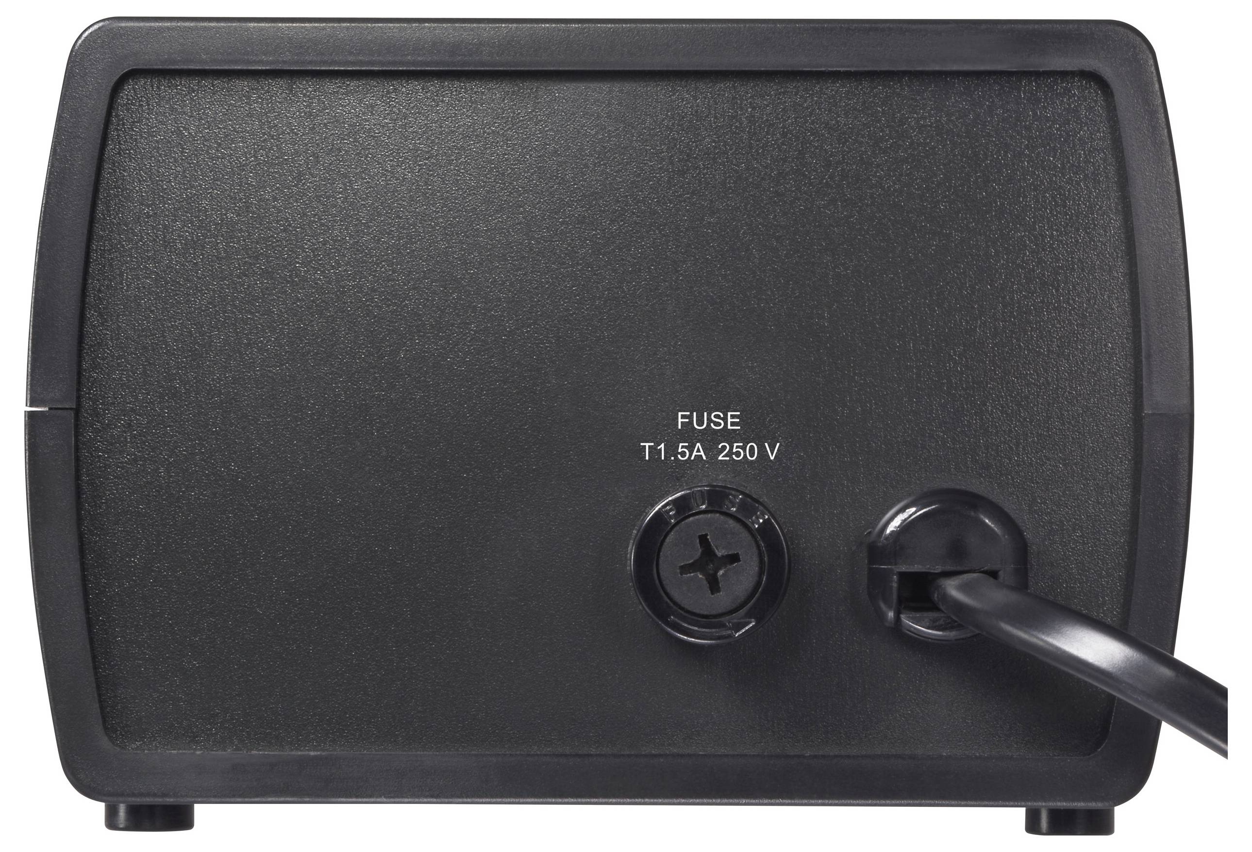 Obrázek ukazuje zadní stranu černého elektronického zařízení s napájecím kabelem a označeným místem pro pojistku s nápisem "FUSE T1.5A 250V".