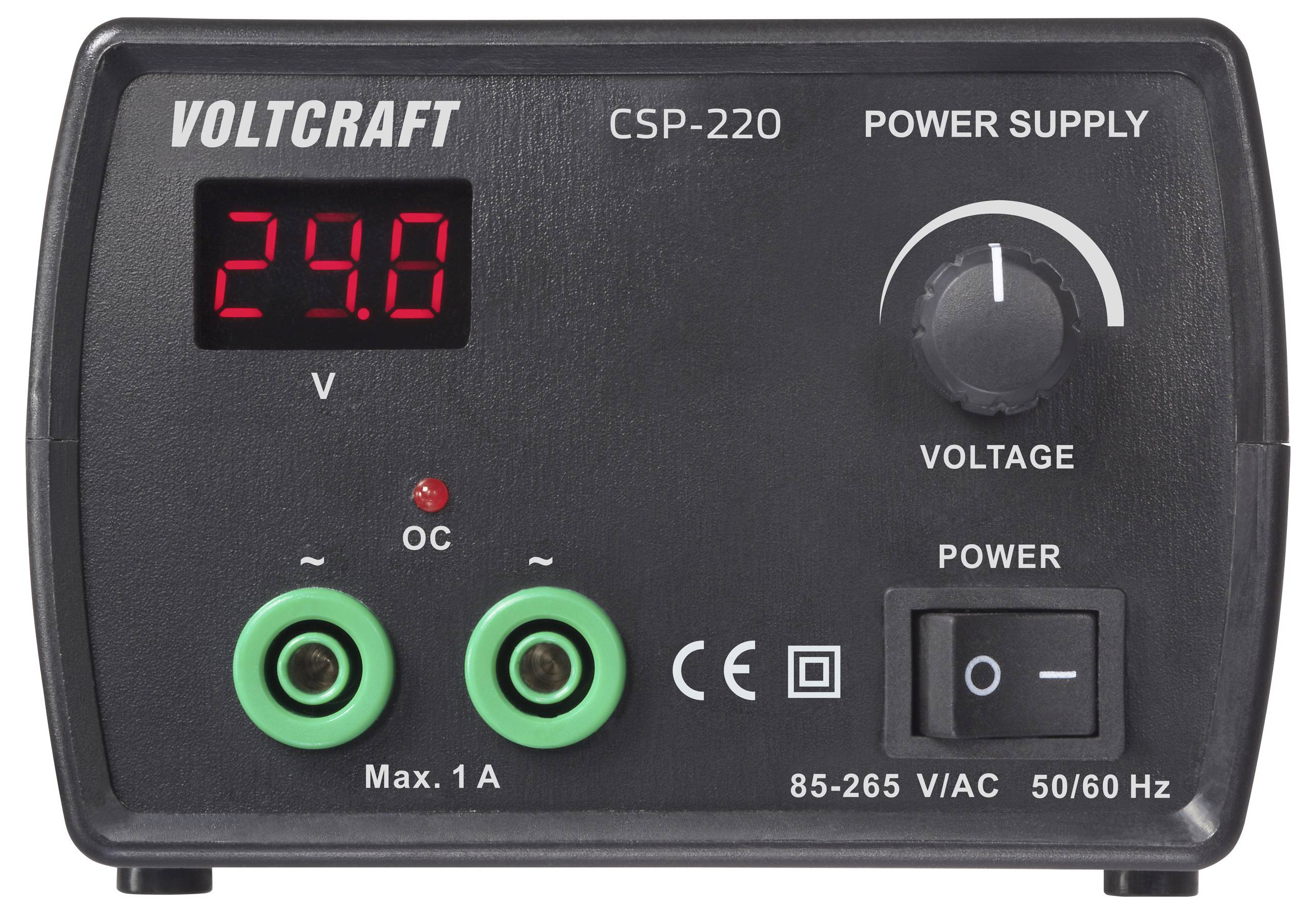 Černá jednotka zdroje energie zobrazující na LED displeji "29,8 V", s potenciometrem pro úpravu napětí a zelenými výstupními svorkami označenými "Max. 1 A".