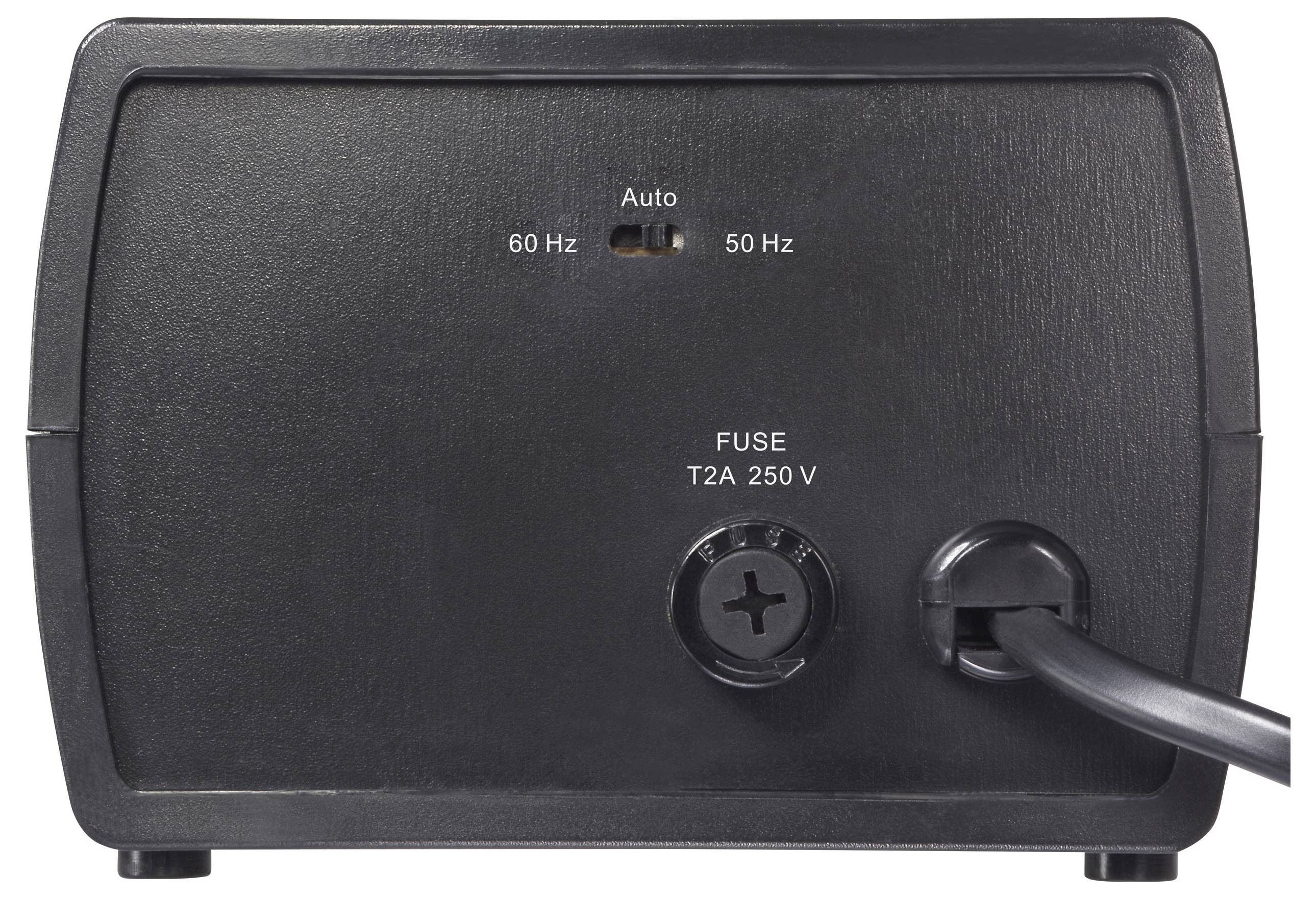 Obrázek ukazuje zadní panel elektronického zařízení s přepínačem označeným „Auto" pro 60 Hz a 50 Hz, vedle portu pojistky označeného „FUSE T2A 250V" a napájecího kabelu.