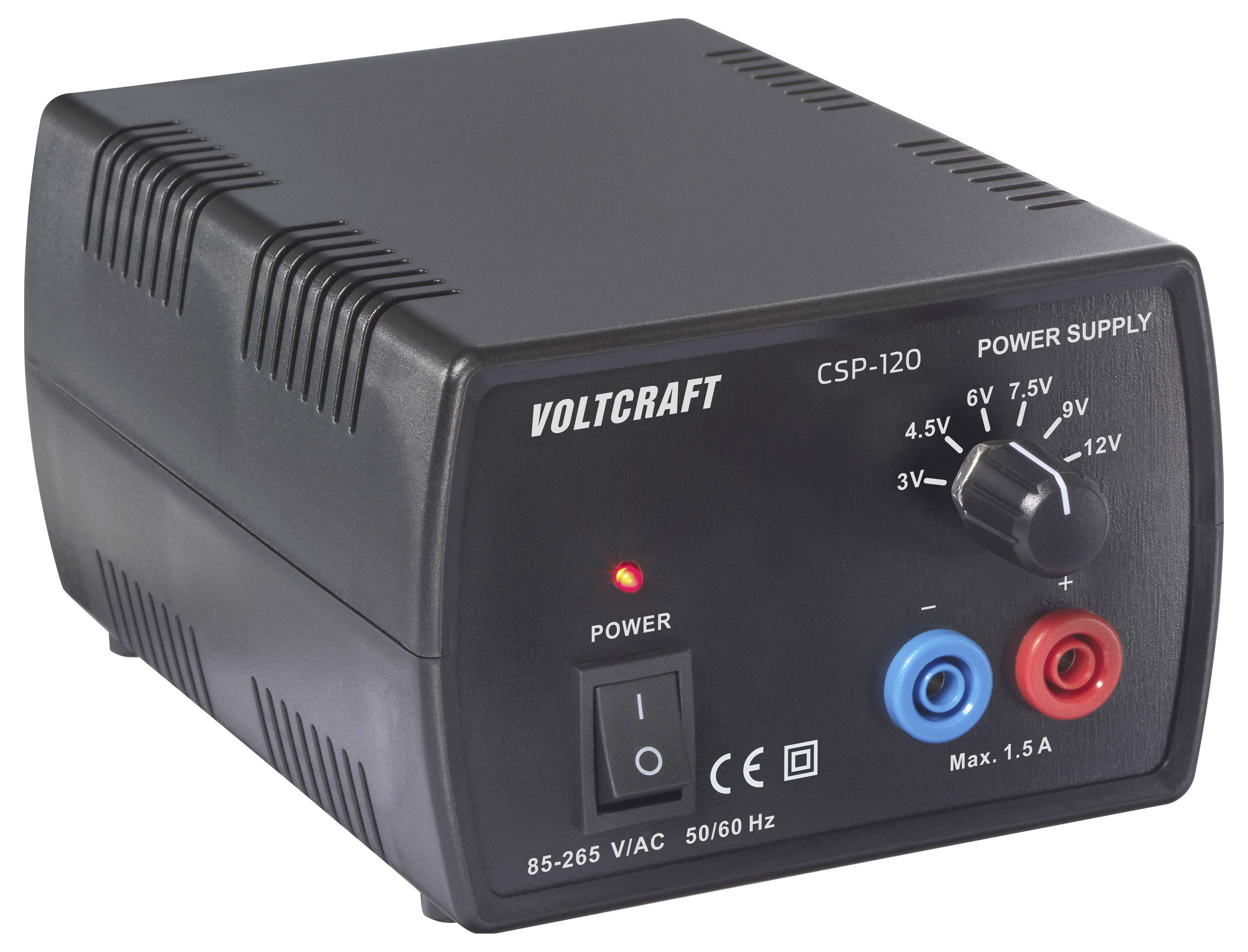 Černý zdroj Voltcraft CSP-120 s nastavitelným přístrojem pro regulaci napětí a spínačem napájení. Výstupy: modré a červené konektory.