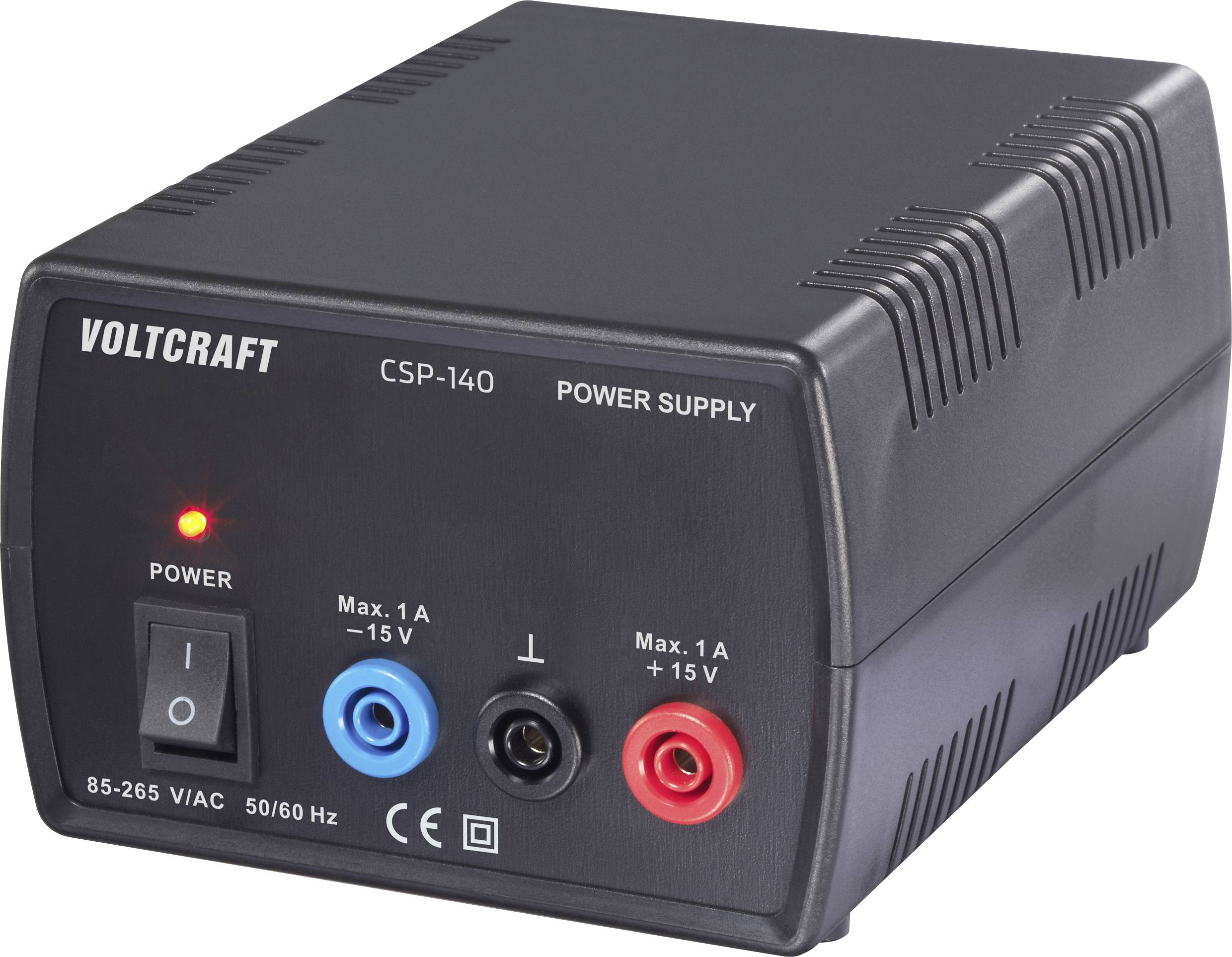 Černá jednotka zdroje Voltcraft CSP-140 s vypínačem napájení a indikátory pro nastavení napětí a proudu, zobrazující dva červené a jeden modrý porty konektoru.