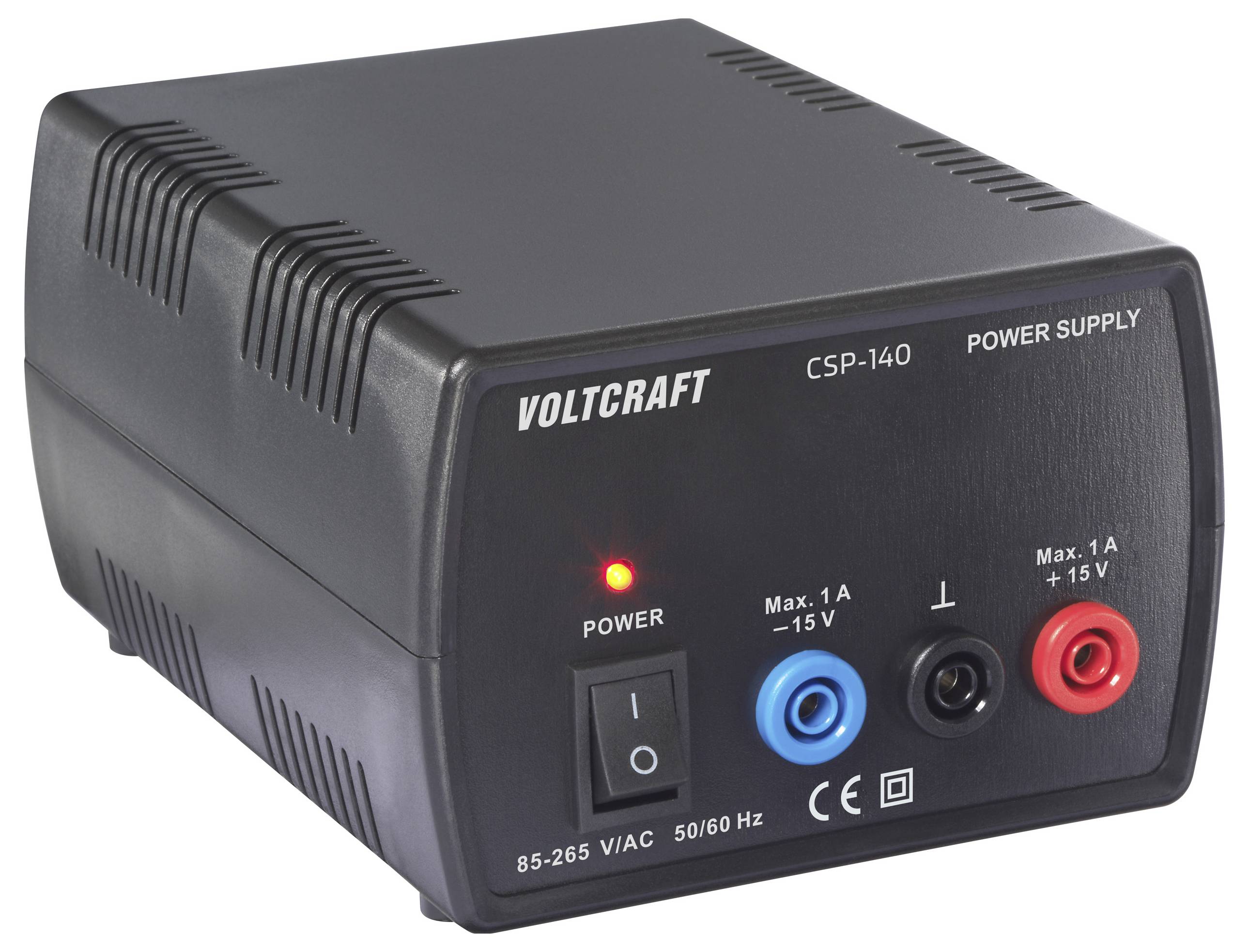 Černý zdroj napájení Volcraft CSP-140 s popsanými výstupy a specifikacemi vstupu, vybavený červenou kontrolkou a různými porty.