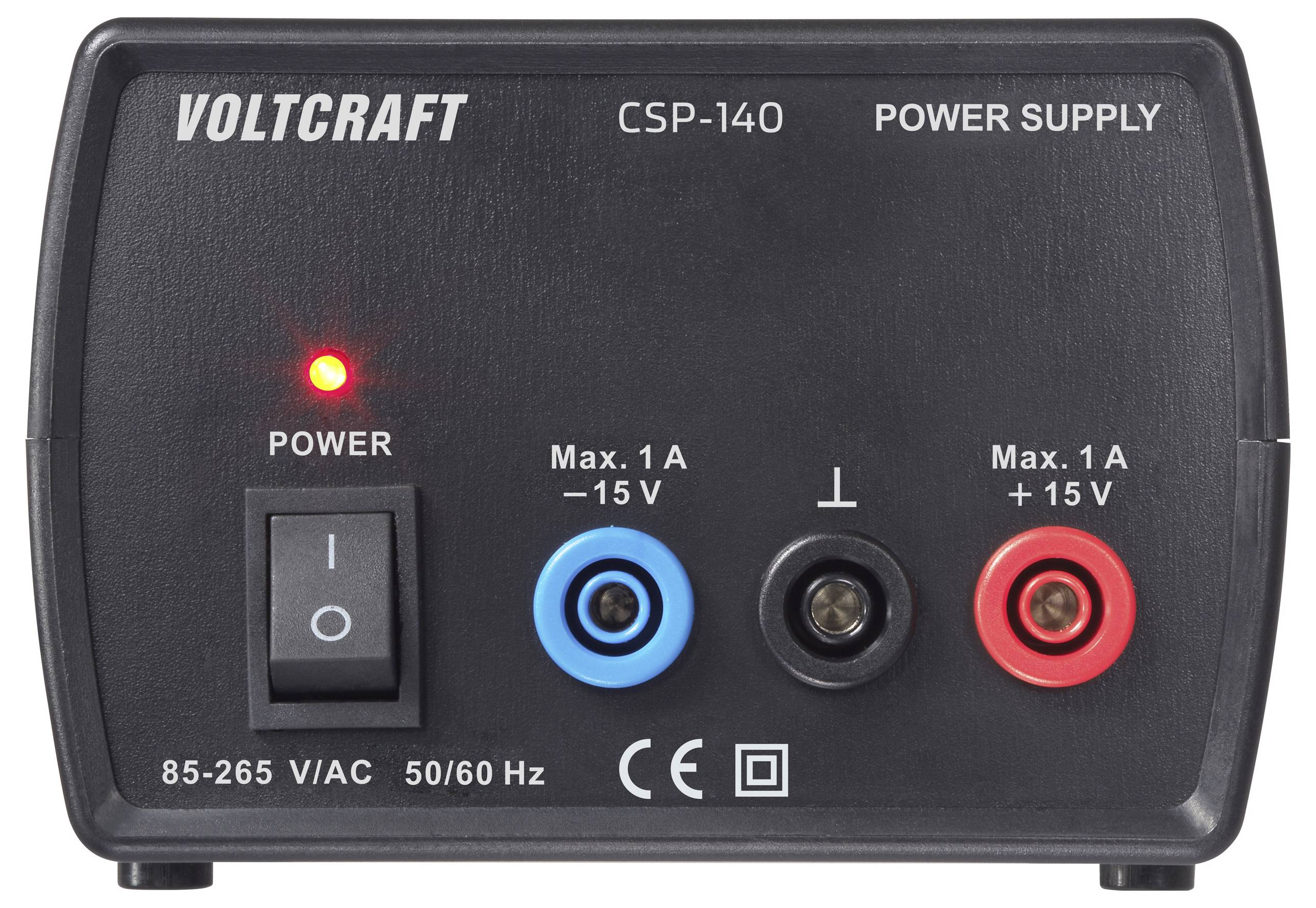 Přední panel zdroje 'Voltcraft CSP-140' s tlačítkem napájení, vstupem 85-265V/AC, 50/60Hz, a výstupními svorkami +/-15V, Max 1A.
