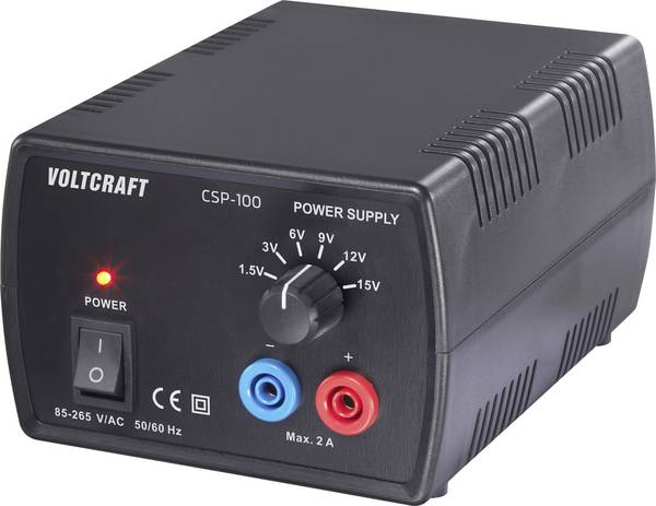 <br>  VOLTCRAFT<br>  CSP-100<br>  laboratorní zdroj s nastavitelným napětím stejnosměrné napětí 1.5 V, 3 V, 6 V, 9 V, 12 V, 15 V;2 A (max.);30 W;Počet výstupů 1 x