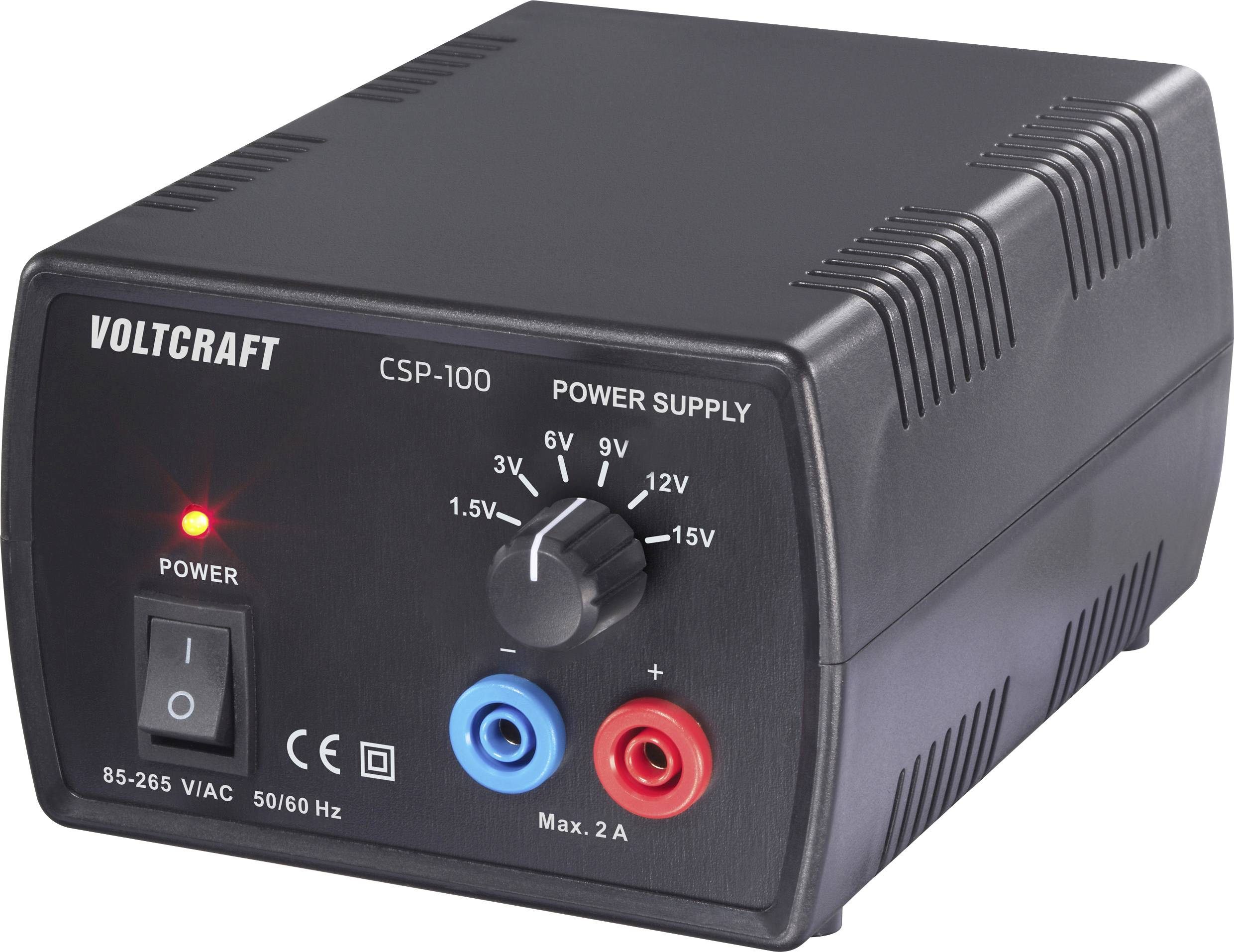 Černý zdroj napětí Voltcraft CSP-100 s nastavitelným knoflíkem napětí v rozsahu od 1,5V do 15V a červenými a modrými výstupními zásuvkami.