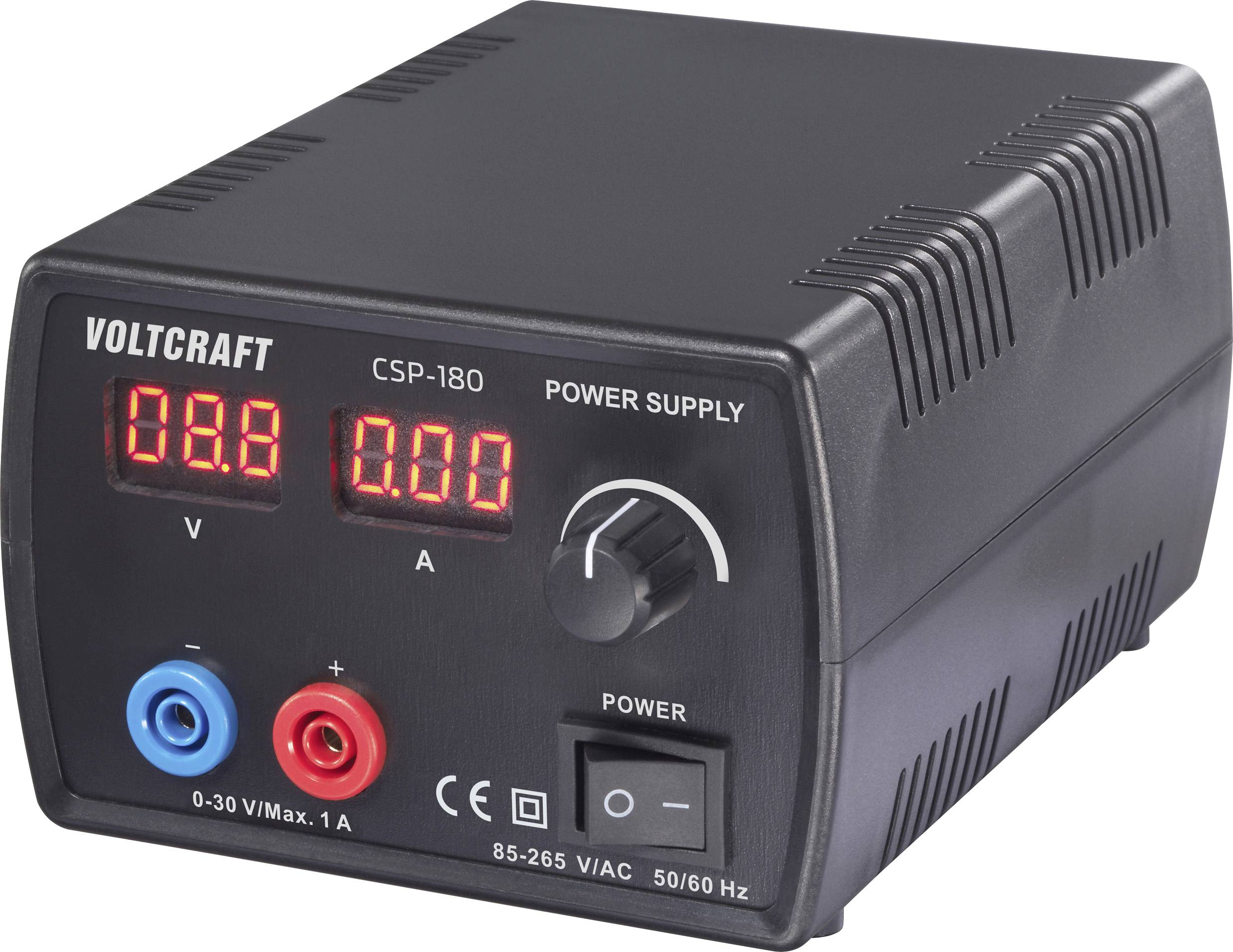 Zdroj napájení „Voltcraft CSP-180" zobrazující 0,00 voltů a 0,00 ampérů. Mezi funkce patří nastavitelné циферblaty a indikátory napájení.