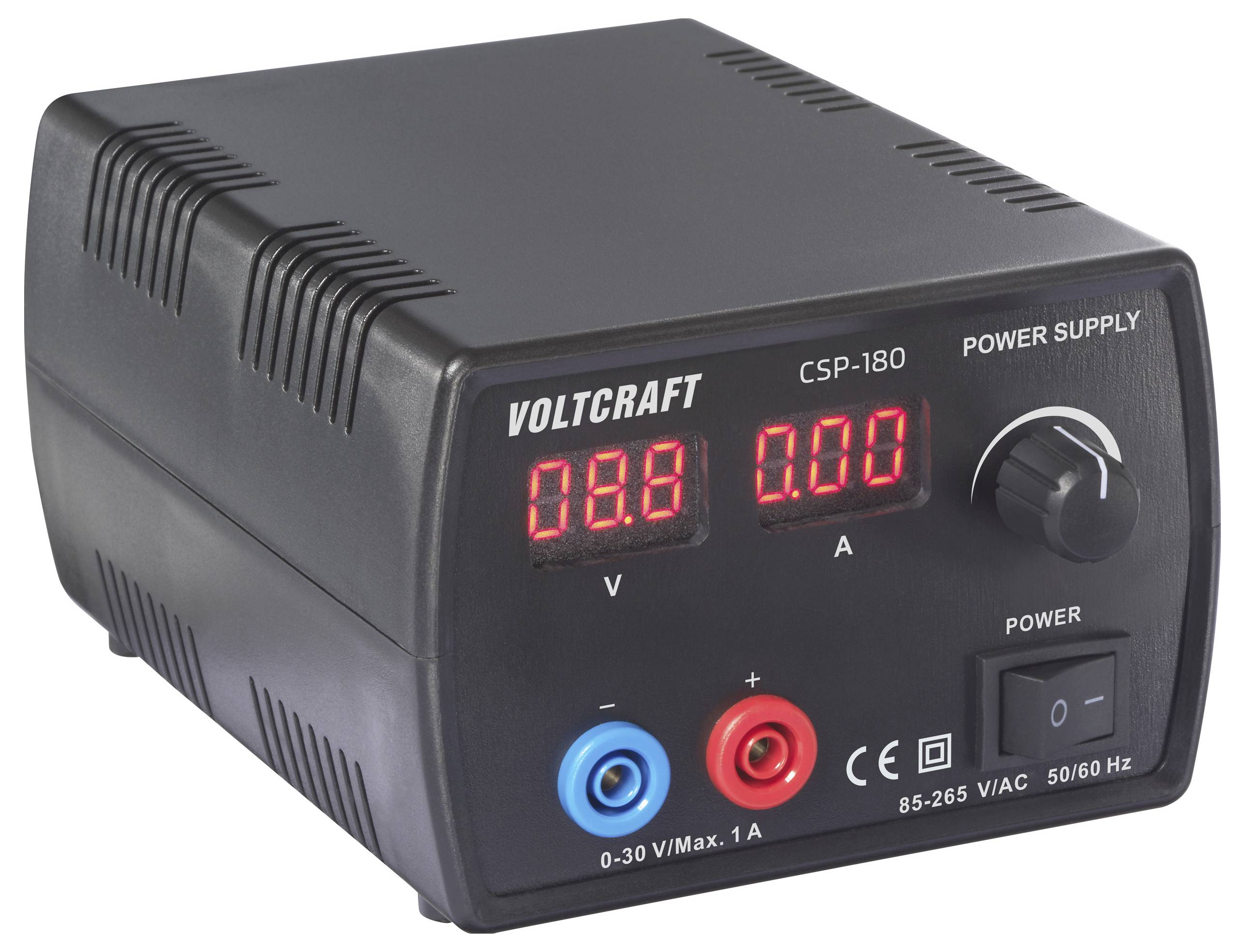 Černý síťový zdroj Voltcraft CSP-180 s digitálním displejem zobrazujícím "0.00" voltů a ampérů, otočným ovladačem, spínačem napájení a barevnými svorkami.