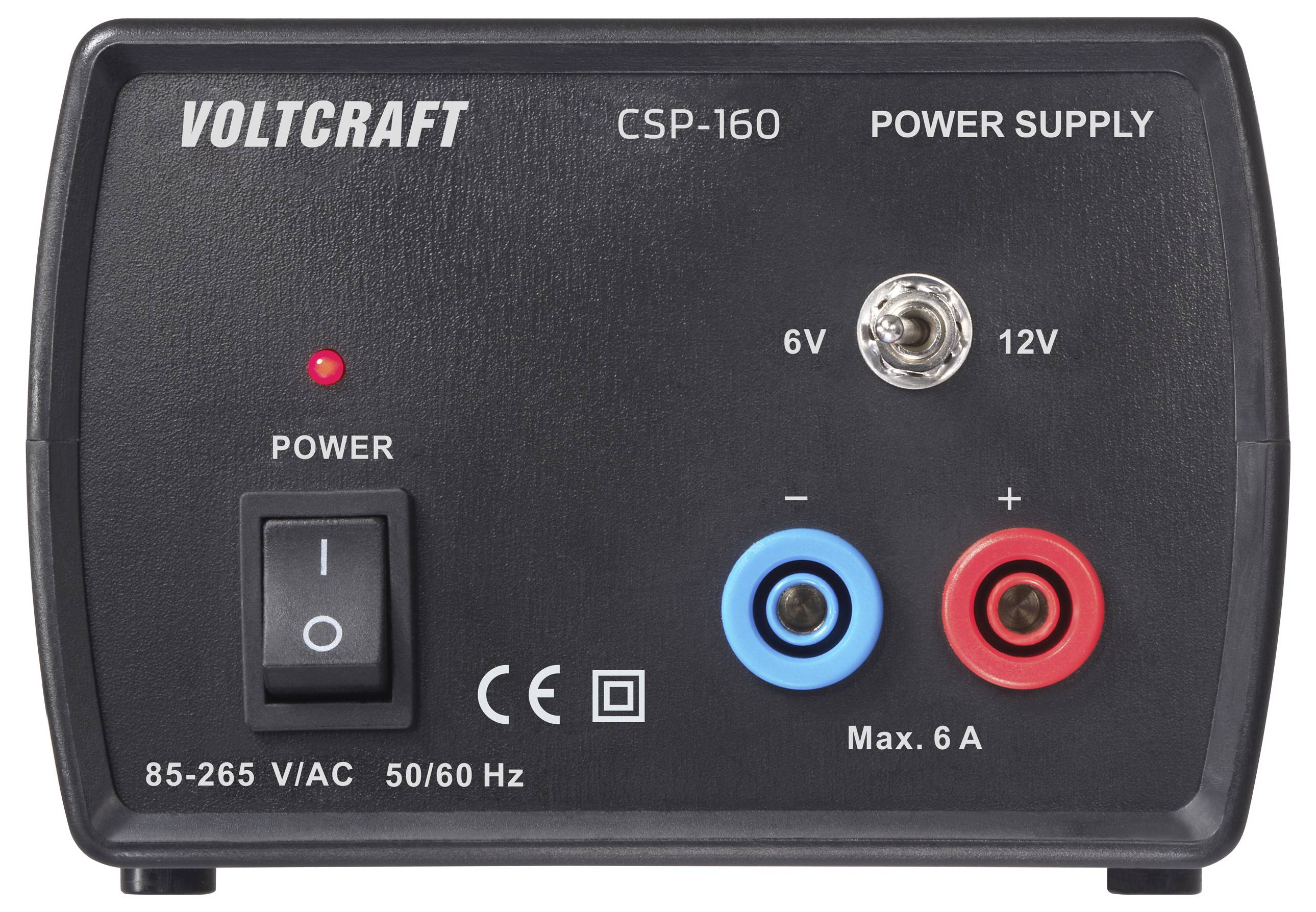 Zdroj napájení Voltcraft CSP-160 s výstupem 6V nebo 12V, spínačem napájení a červenými a modrými výstupními svorkami, maximálně 6A.