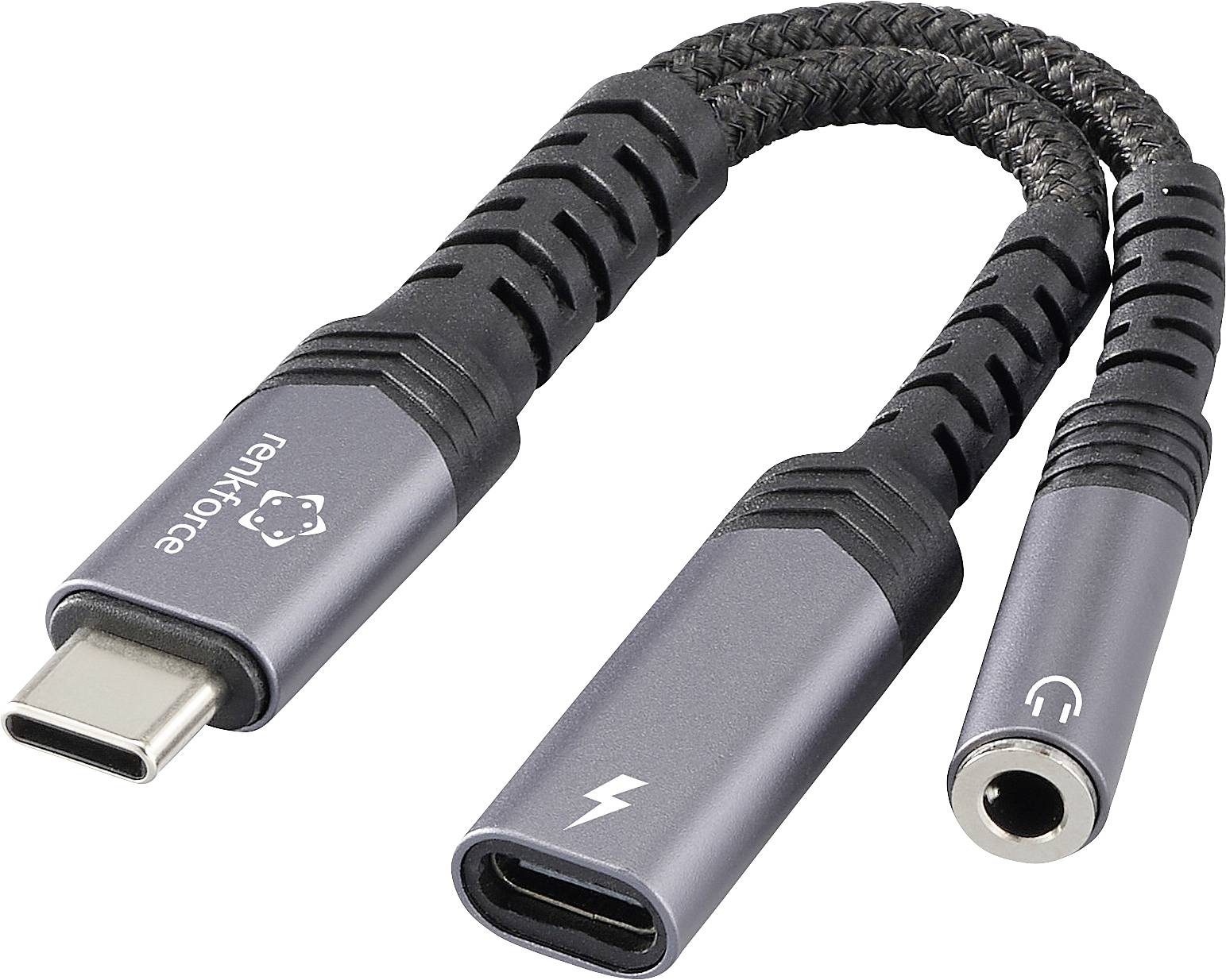 Adaptér USB-C na 3,5mm a USB-C kabel s opletaným designem, zobrazující konektory pro audio a nabíjení.