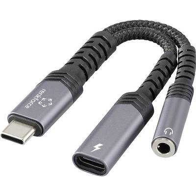 Adaptér USB-C na 3,5mm a USB-C kabel s opletaným designem, zobrazující konektory pro audio a nabíjení.
