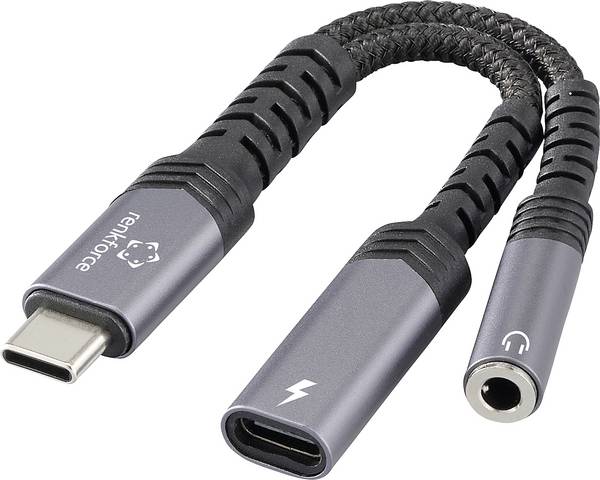 Renkforce USB-C®, audio kabelový adaptér [1x USB-C® zástrčka - 1x Audio, stereo (3,5 mm jack), USB-C® zásuvka (nabíjení)] USB-C® Audio+Charge Adapter 7.50 cm flexibilní provedení