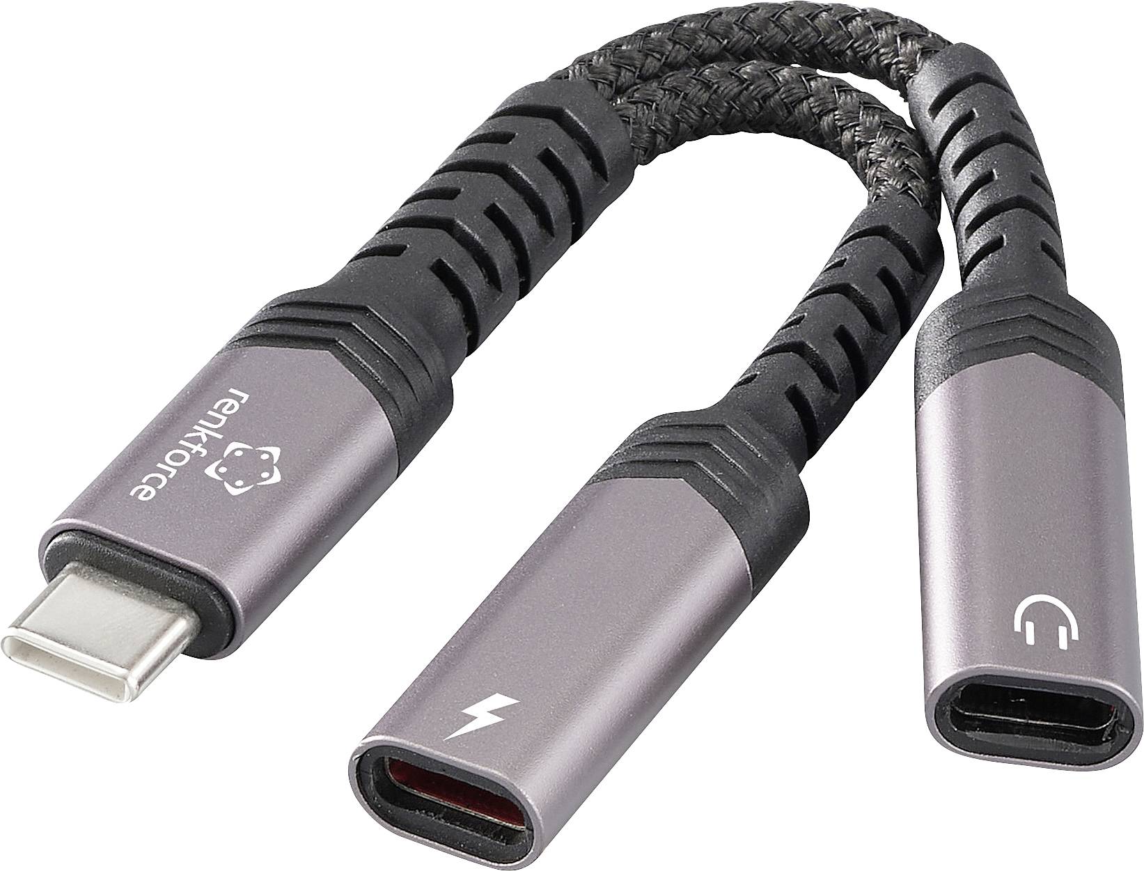 Rozbočovač USB-C s jedním portem USB-C a jedním konektorem pro sluchátka, navržený pro současné připojení audia a nabíjení.
