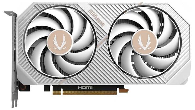 Grafická karta s duálním ventilátorem v bílém a stříbrném designu má logo Zotac Gaming uprostřed každého ventilátoru a jeden HDMI port.