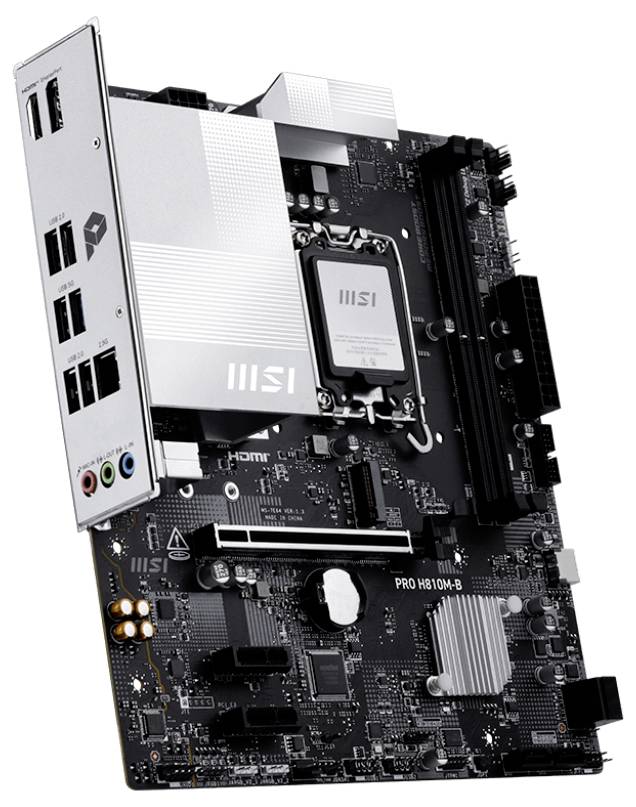 Základní deska počítače s různými porty, sloты a centrálním socketem pro CPU, označená 'PRO H610M-B'.